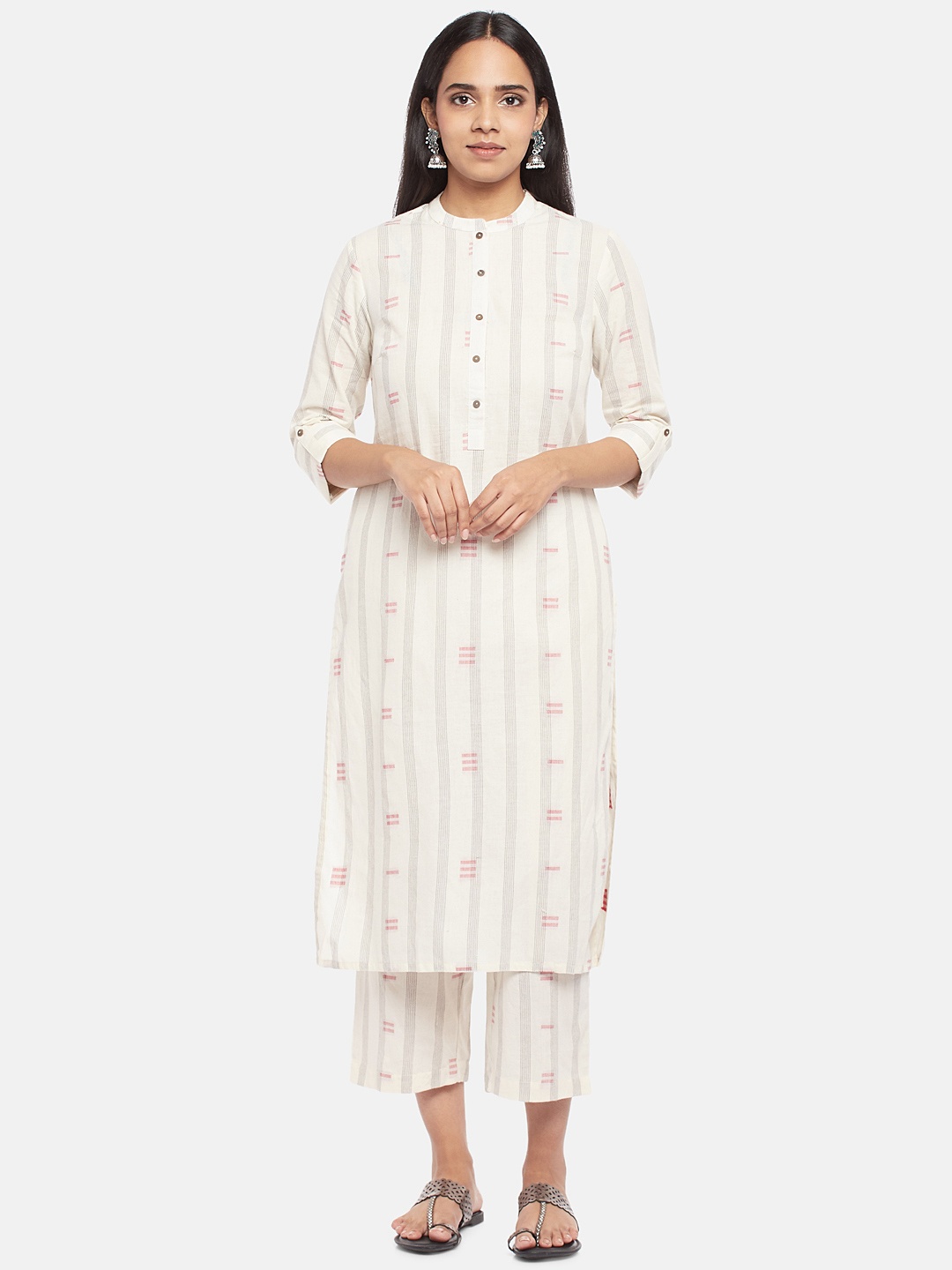RANGMANCH BY PANTALOONS Women Striped Pure Cotton Dobby Kurta with Trousers, Off white
RANGMANCH BY PANTALOONS Women Striped Pure Cotton Dobby Kurta with Trousers, Off white