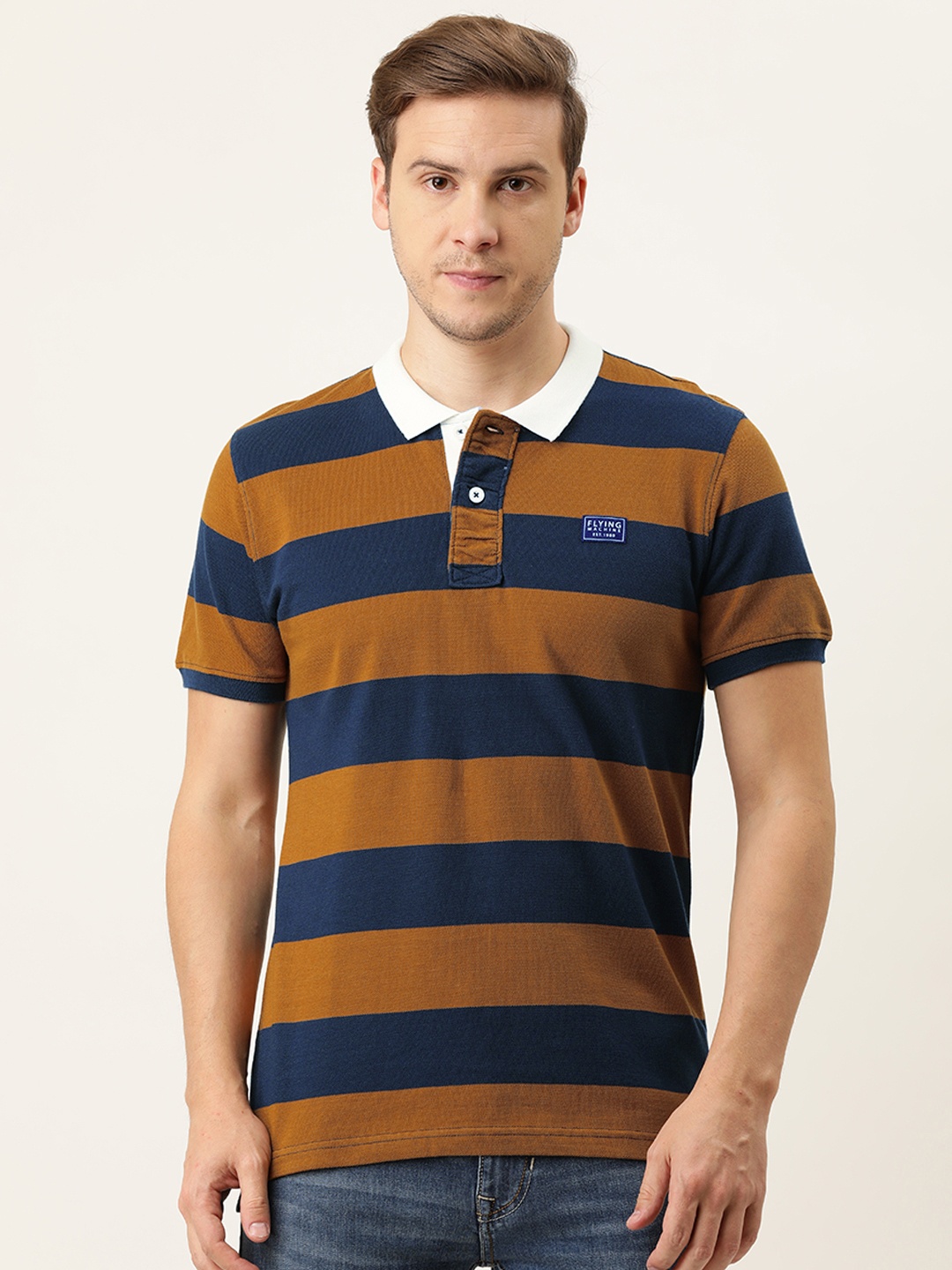 Flying Machine Men Rust Brown & Navy Blue Striped Polo Collar Slim Fit Cotton T-shirt
Flying Machine Men Rust Brown & Navy Blue Striped Polo Collar Slim Fit Cotton T-shirt