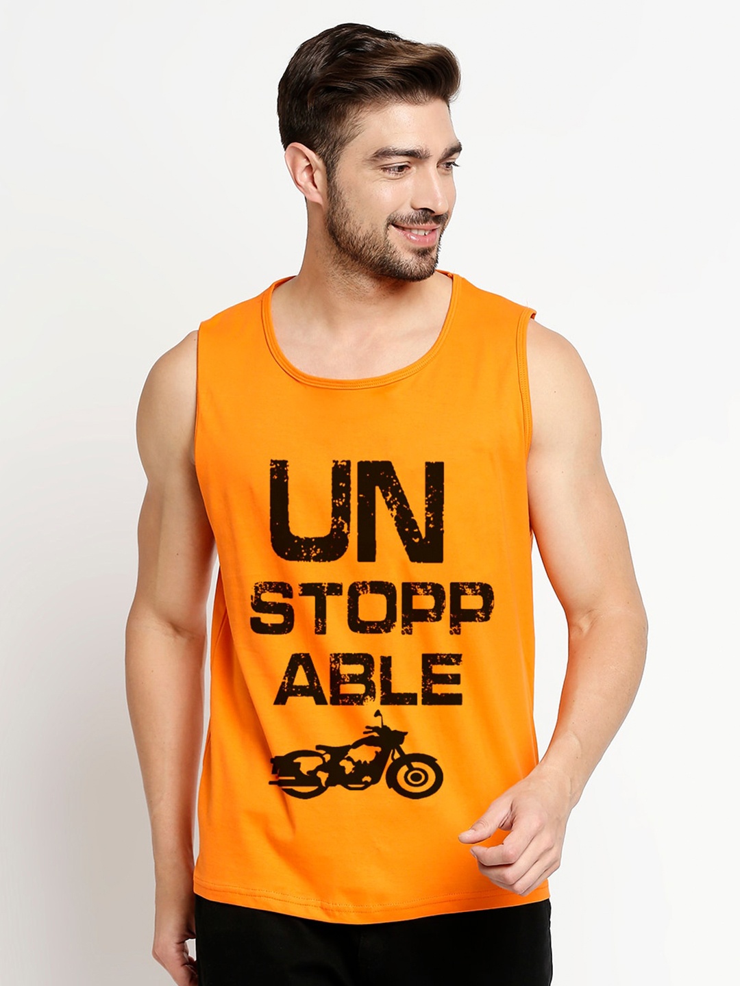Blacksmith Men Orange & Black Printed Round Neck Cotton Training or Gym T-shirt