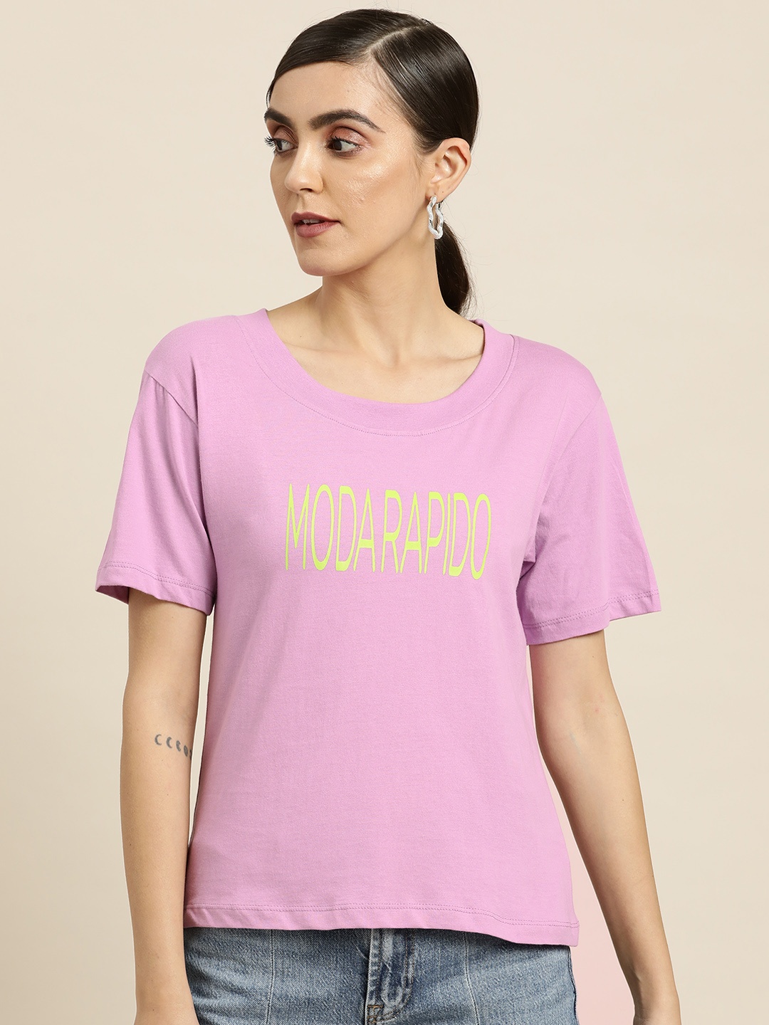 Moda Rapido Women Lavender Brand Logo Printed Pure Cotton T-shirt