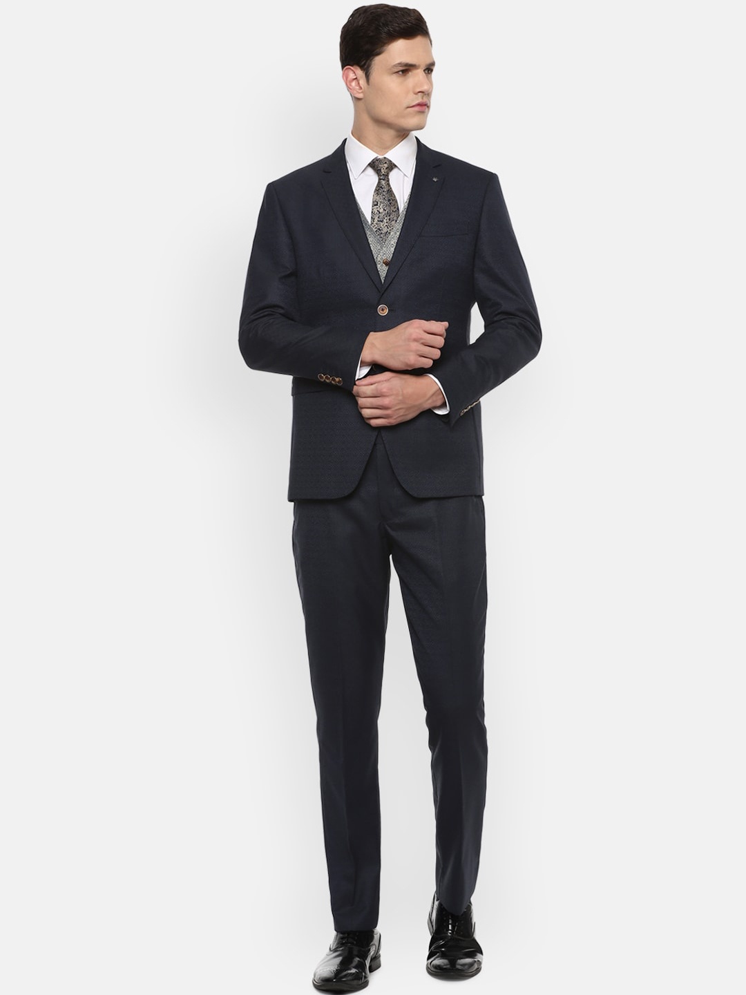 Louis Philippe Gods & Kings Men Navy Blue Self Design Single-Breasted Slim-Fit 3-Piece Formal Suit
Louis Philippe Gods & Kings Men Navy Blue Self Design Single-Breasted Slim-Fit 3-Piece Formal Suit