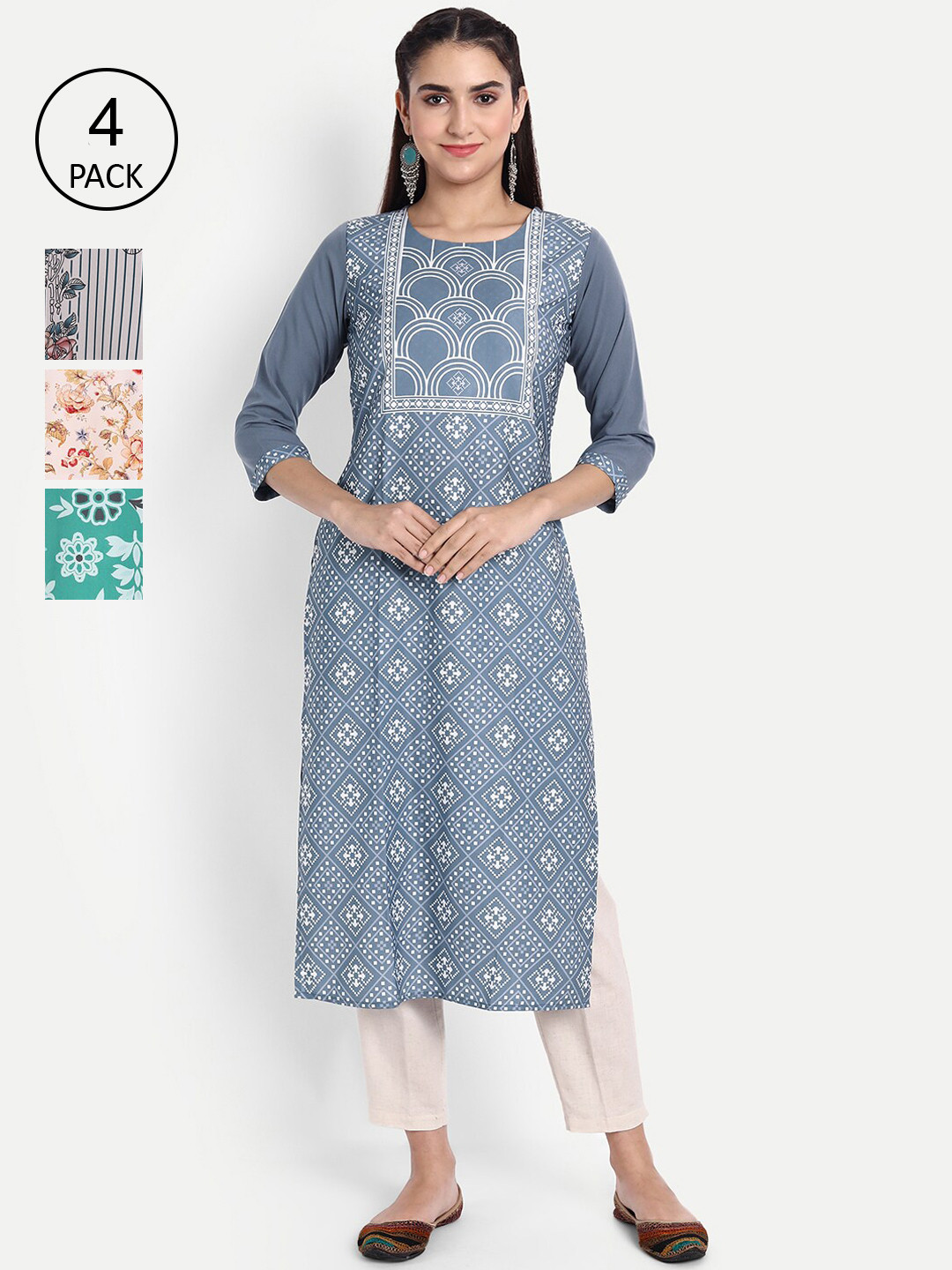 Ethnic basket Pack of 4 Women Ethnic Motifs Printed Crepe Kurta, Multi
Ethnic basket Pack of 4 Women Ethnic Motifs Printed Crepe Kurta, Multi