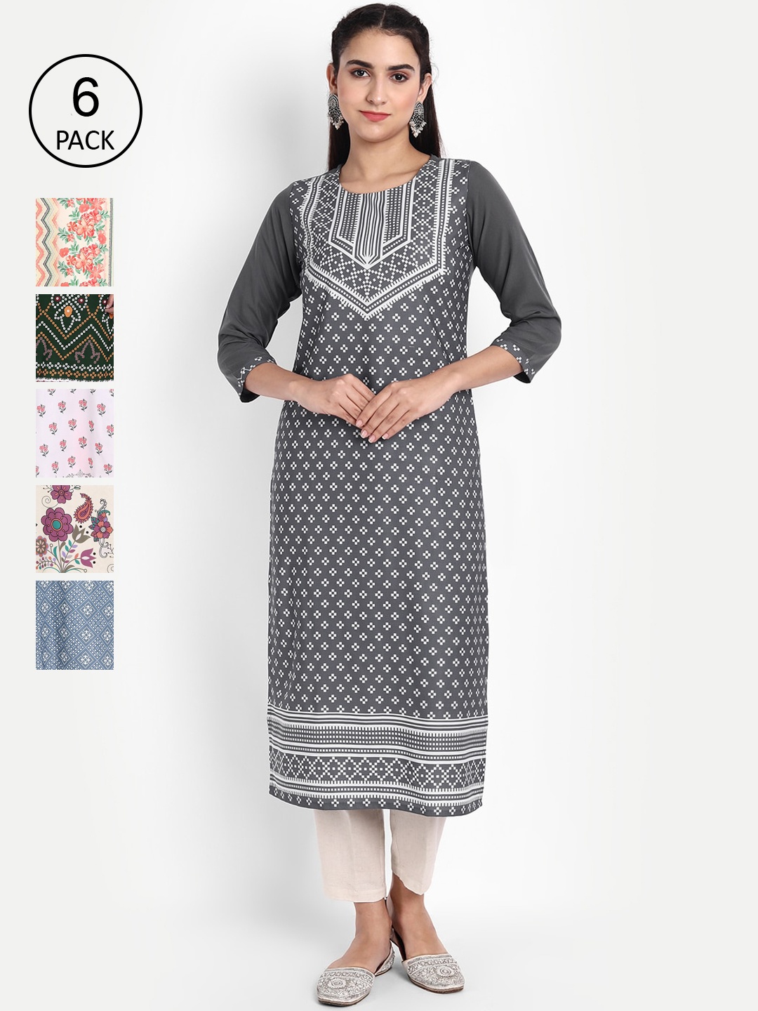 Ethnic basket Women Pack of 6 Multicoloured Printed Crepe Straight Kurta, Multi
Ethnic basket Women Pack of 6 Multicoloured Printed Crepe Straight Kurta, Multi