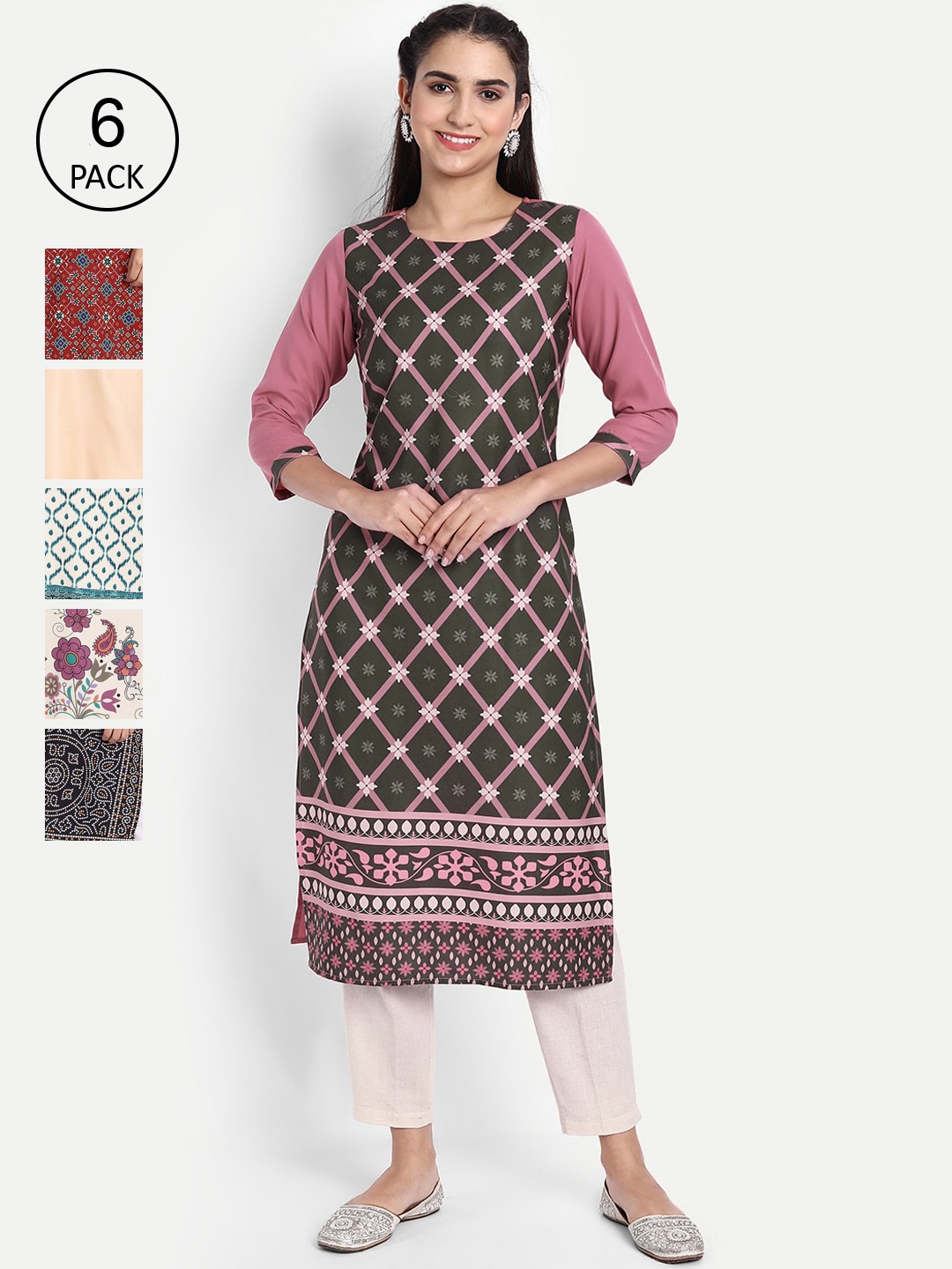 Ethnic basket Women Pack Of 6 Printed Crepe Kurta, Green
