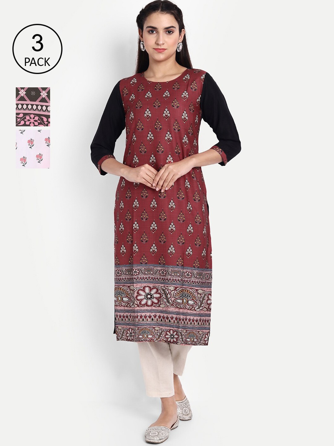 Ethnic basket Women Pack of 3 Ethnic Motifs Printed Crepe Kurta, Maroon