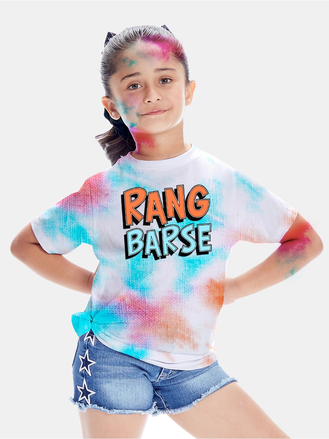 BONKIDS Girls Blue & Red Typography Printed Holi Cotton T-shirt