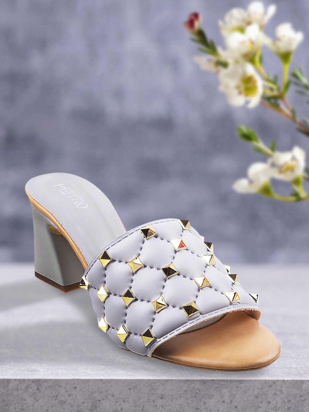 Metro Women Grey Embellished Block Mules