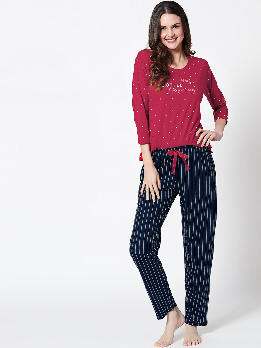 Zeyo Women Red & Navy Blue Printed Cotton Night suit
Zeyo Women Red & Navy Blue Printed Cotton Night suit