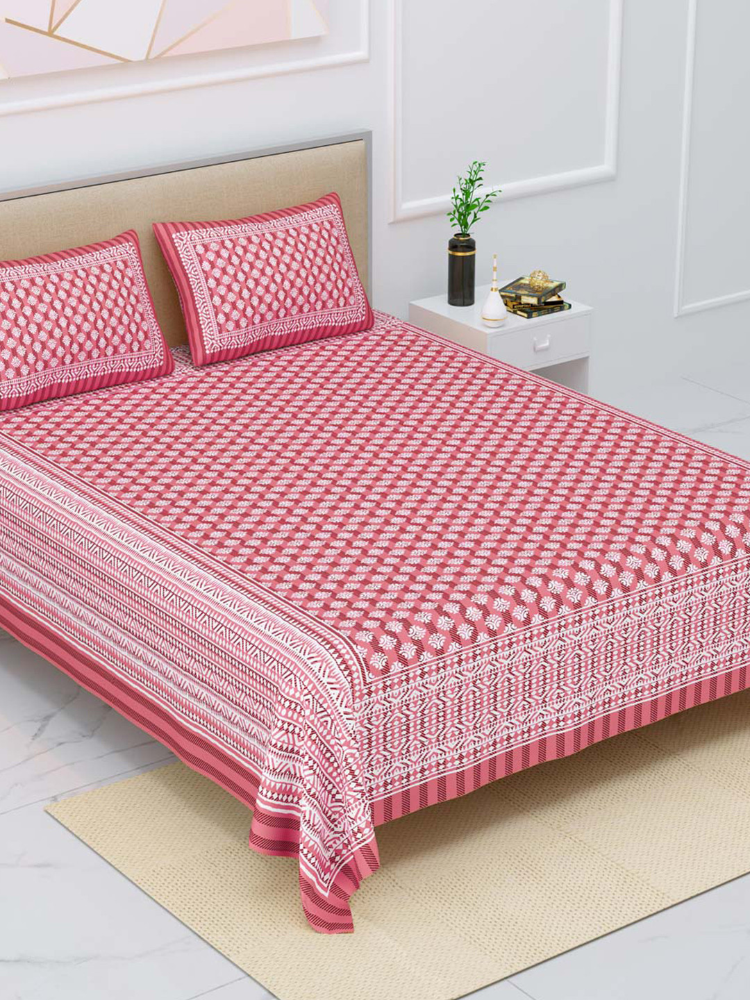 JAIPUR FABRIC Pink & White Ethnic Motifs 180 TC Queen Bedsheet with 2 Pillow Covers
JAIPUR FABRIC Pink & White Ethnic Motifs 180 TC Queen Bedsheet with 2 Pillow Covers