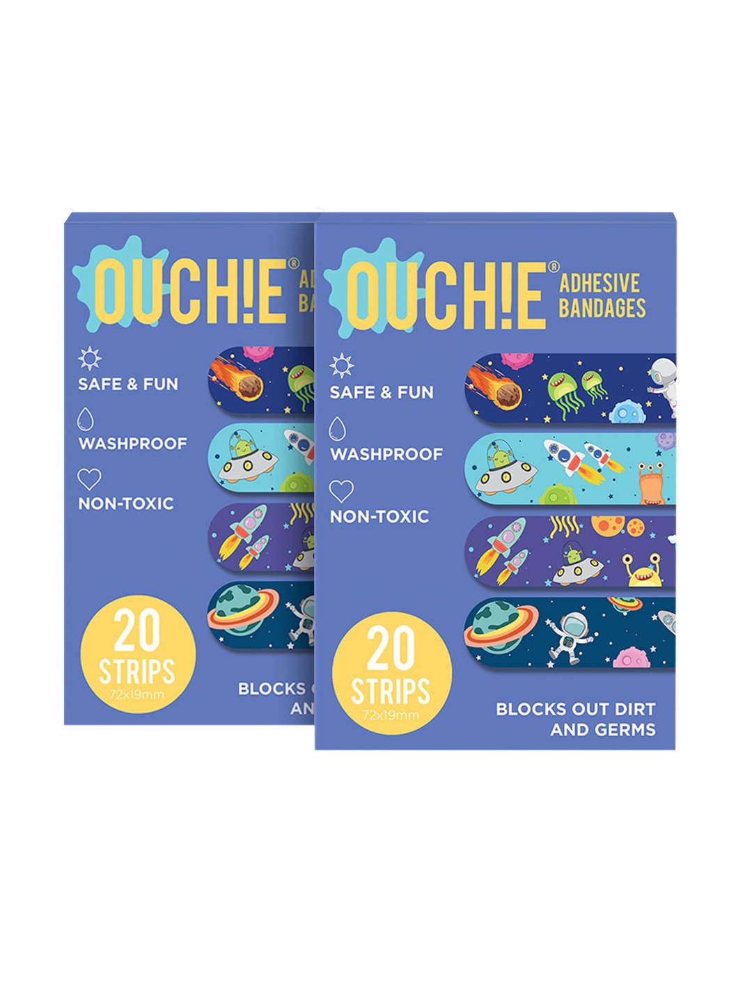 OUCHIE Kids Set of 2 Printed Non-Toxic Washproof Adhesive Bandages 20 Strips Each, Navy blue
OUCHIE Kids Set of 2 Printed Non-Toxic Washproof Adhesive Bandages 20 Strips Each, Navy blue