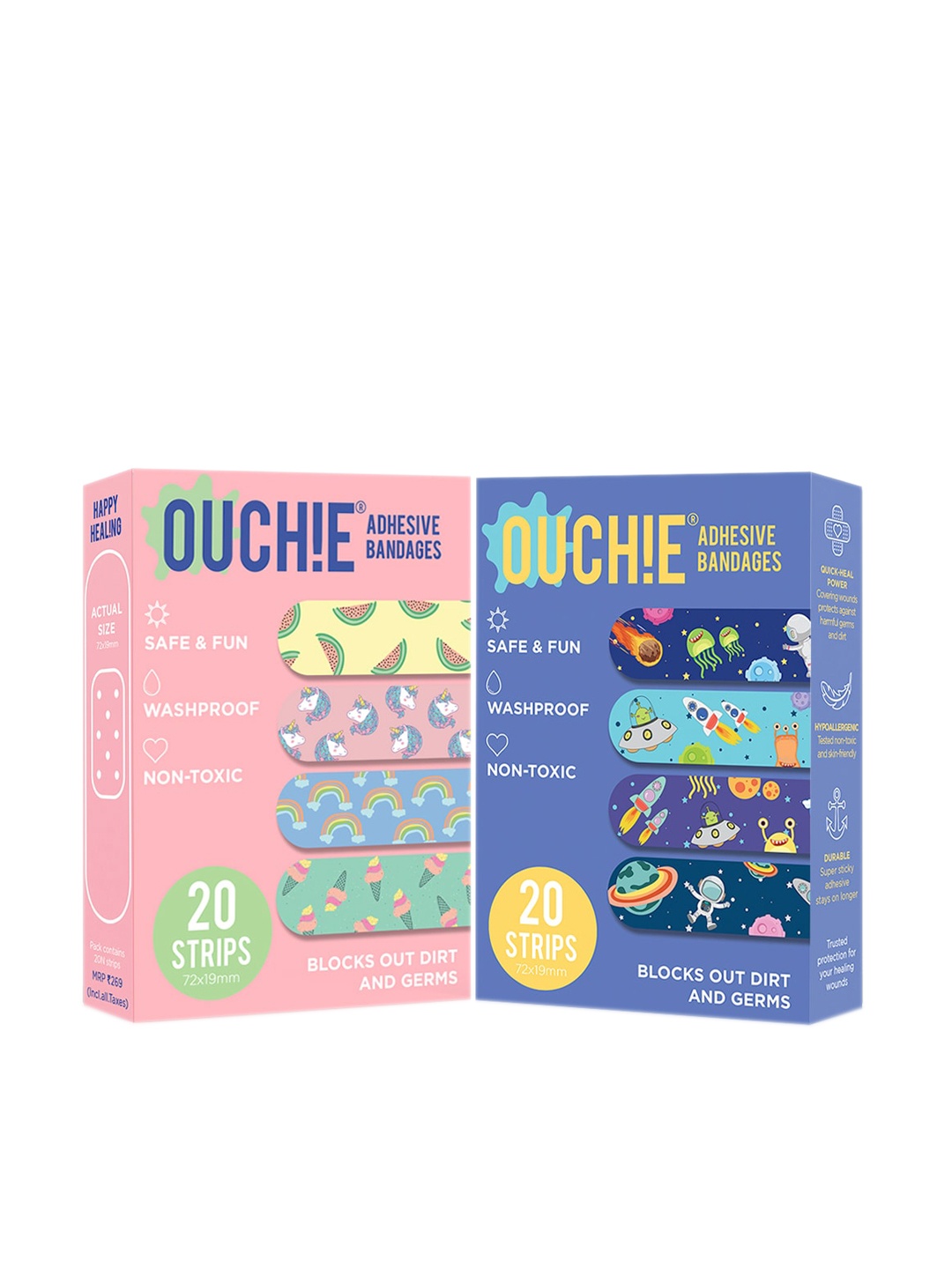 OUCHIE Kids Set of 2 Printed Non-Toxic Washproof Adhesive Bandages 20 Strips Each, Pink
OUCHIE Kids Set of 2 Printed Non-Toxic Washproof Adhesive Bandages 20 Strips Each, Pink