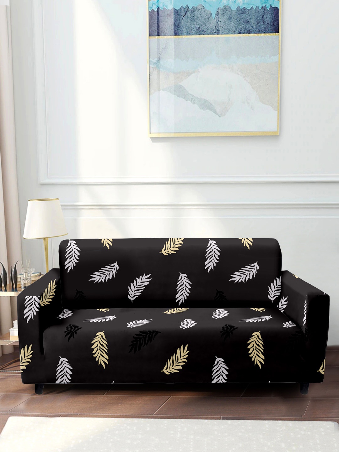 Cortina Black Printed 1-Seater Stretchable Non-Slip Sofa Slipcover