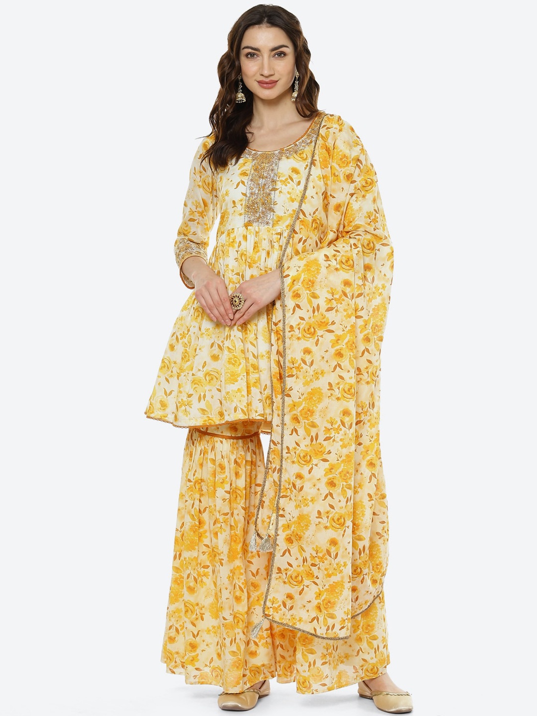 Biba Women Yellow Floral Printed Pleated Thread Work Kurti with Sharara & With Dupatta
Biba Women Yellow Floral Printed Pleated Thread Work Kurti with Sharara & With Dupatta