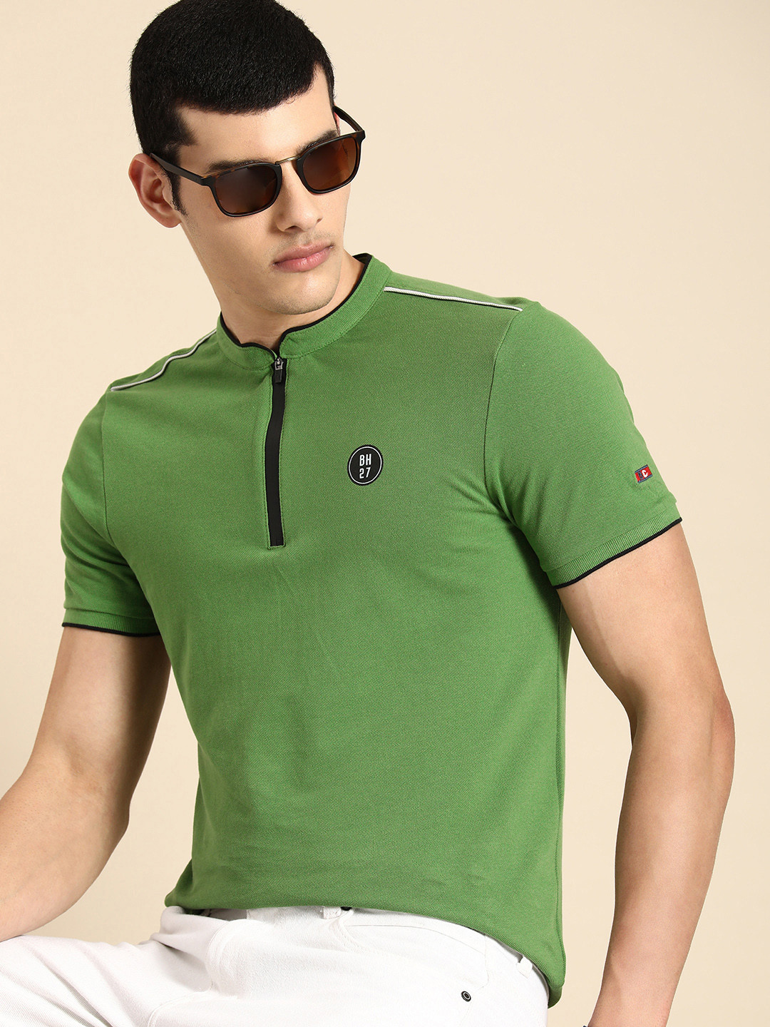 Being Human Men Mandarin Collar Pure Cotton T-shirt, Green 
Being Human Men Mandarin Collar Pure Cotton T-shirt, Green