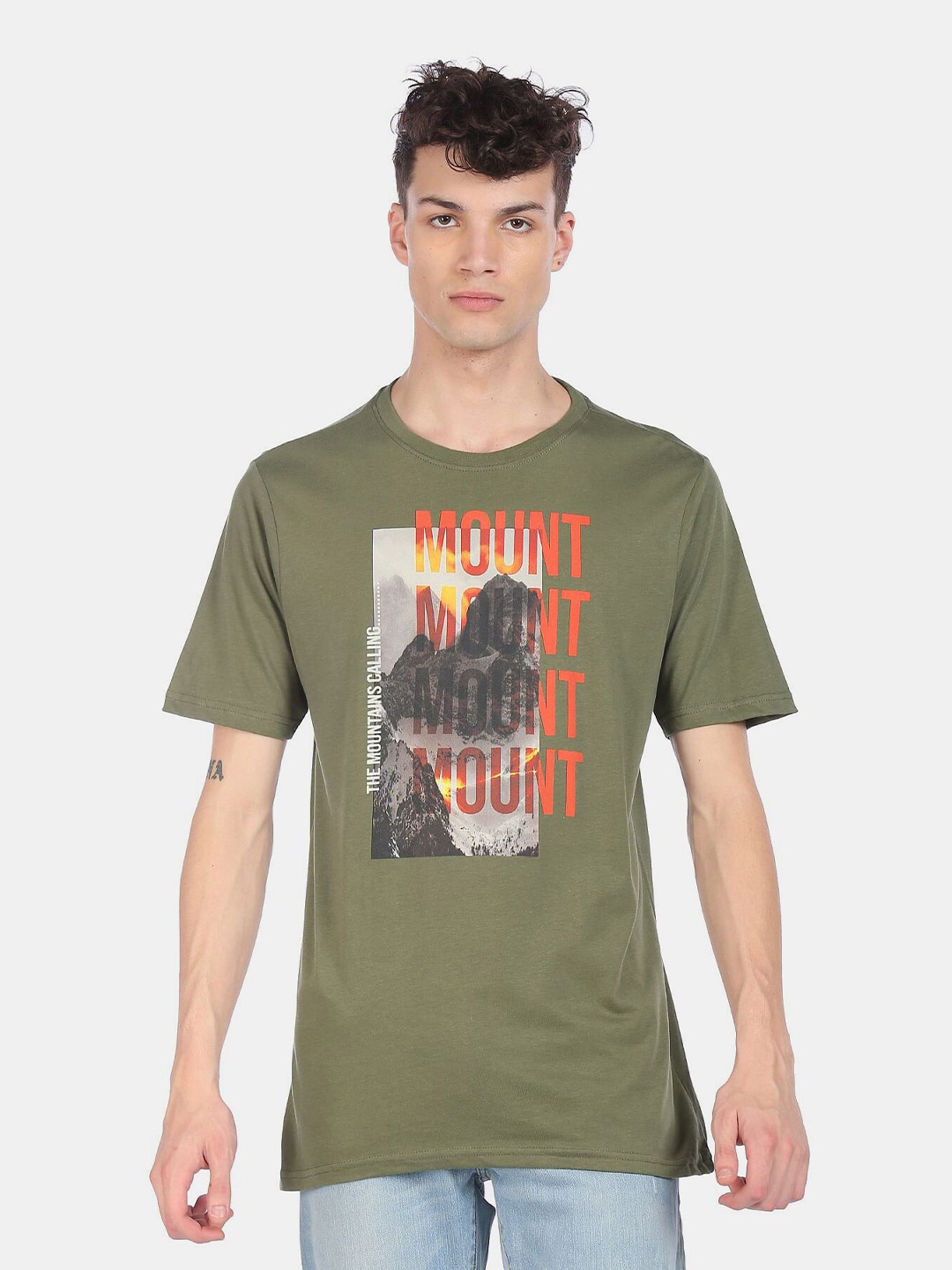 Colt Men Olive Green Typography Printed Pure Cotton T-shirt