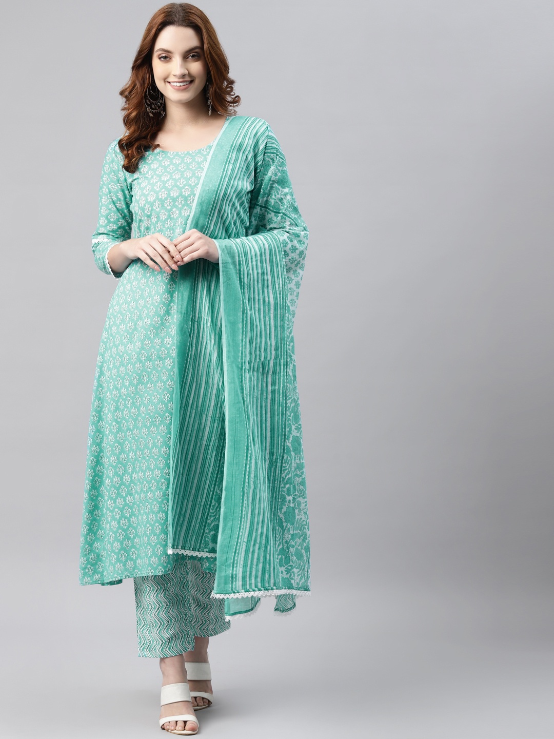 RAJGRANTH Women Sea Green & White Printed Pure Cotton Kurta with Trousers & Dupatta
RAJGRANTH Women Sea Green & White Printed Pure Cotton Kurta with Trousers & Dupatta