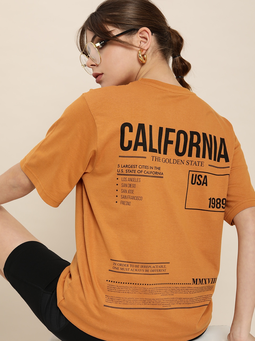 DILLINGER Women Mustard Brown Typography Printed Pure Cotton OversizedOversized T-Shirt