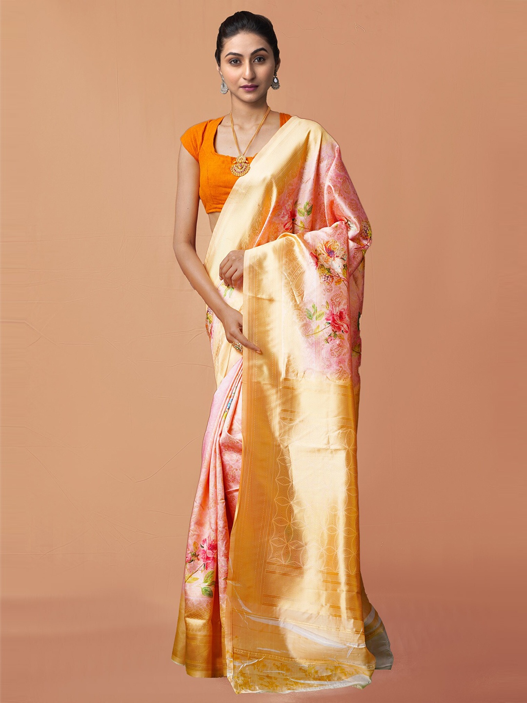Unnati Silks Pink & Gold-Toned Floral Digital Printed Silk Cotton Baluchari Saree
Unnati Silks Pink & Gold-Toned Floral Digital Printed Silk Cotton Baluchari Saree