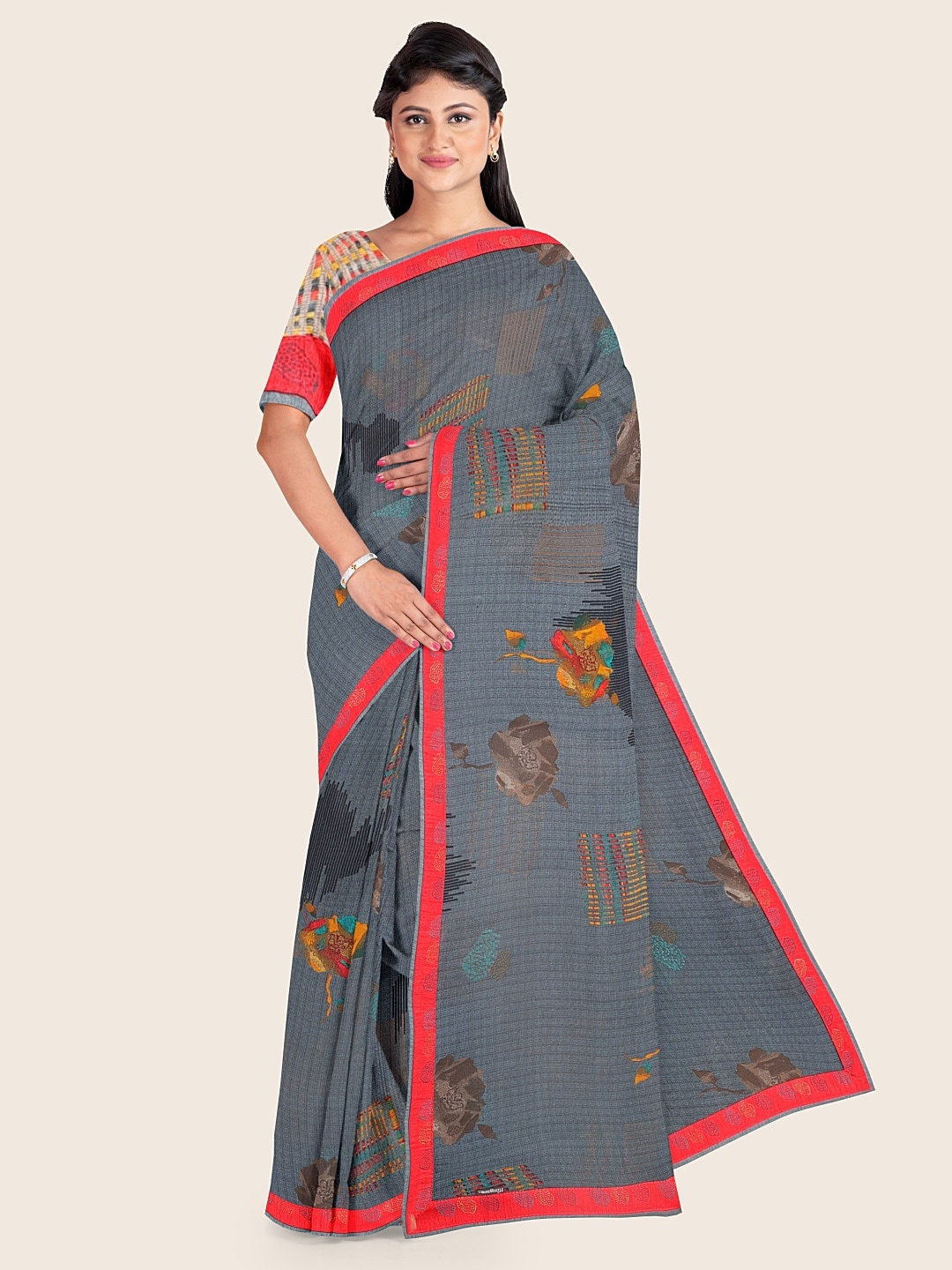 Pothys Grey & Red Floral Printed Saree