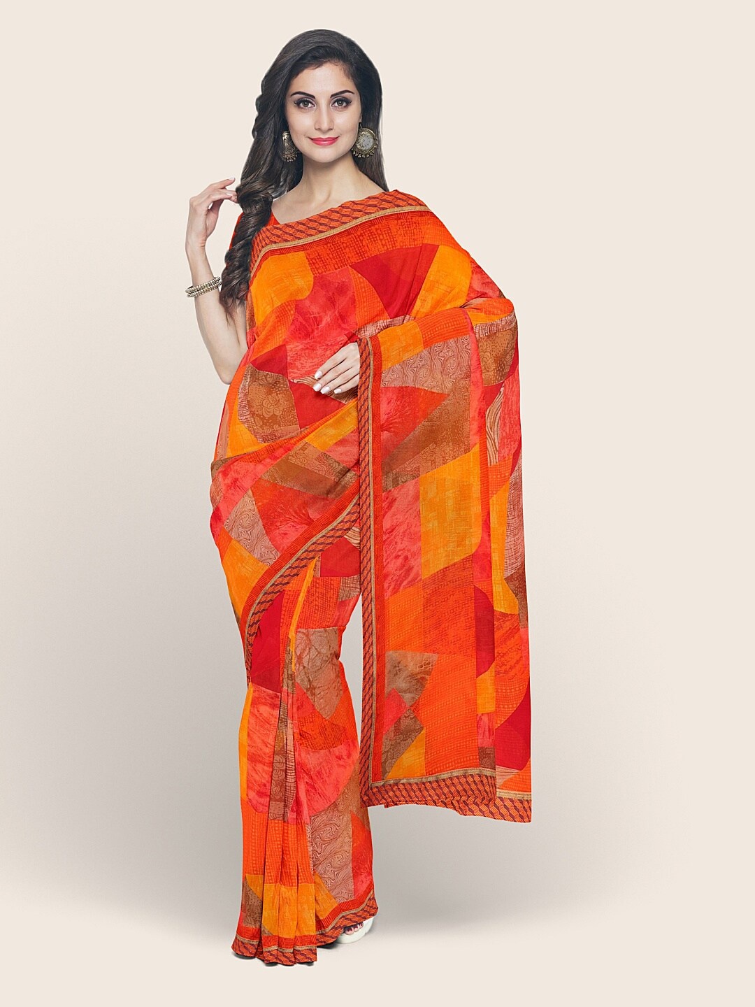 Pothys Red & Yellow Jute Silk Printed Saree