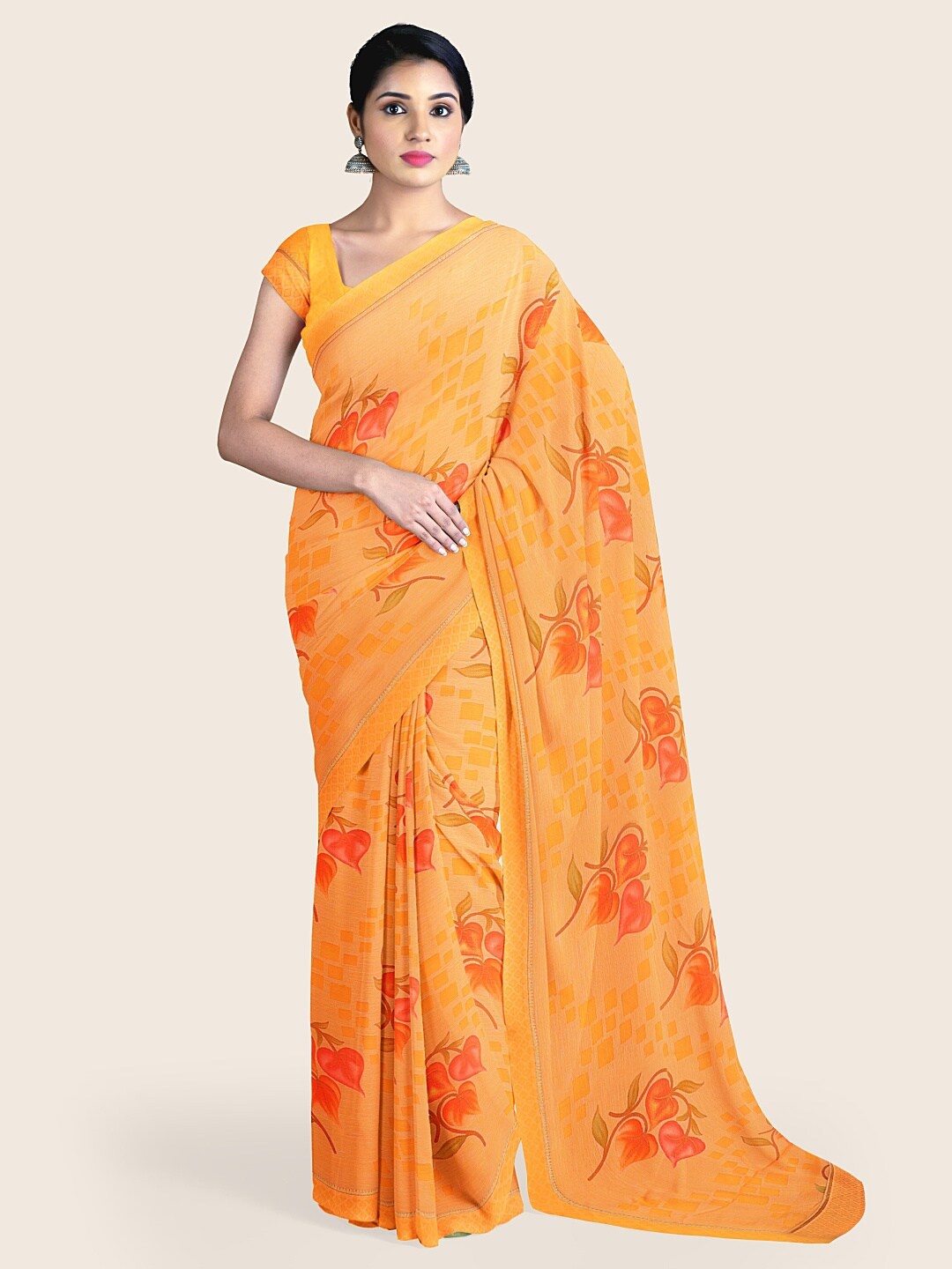 Pothys Orange & Green Floral Printed Saree