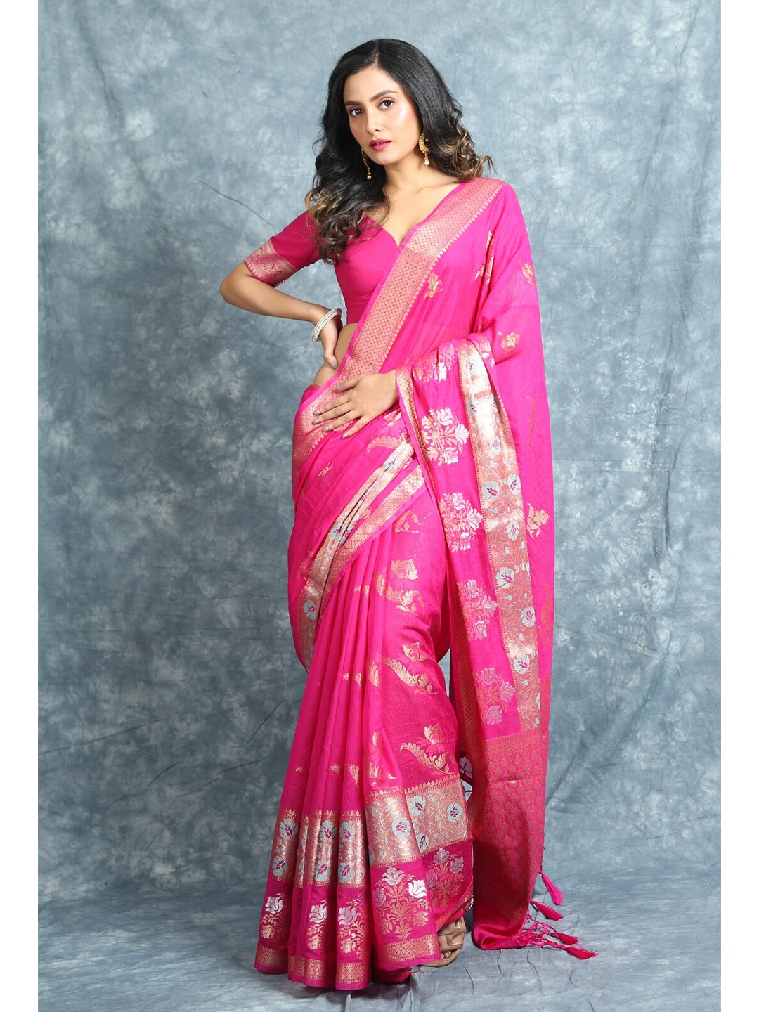 Charukriti Pink & Gold-Toned Ethnic Motifs Zari Pure Silk Saree