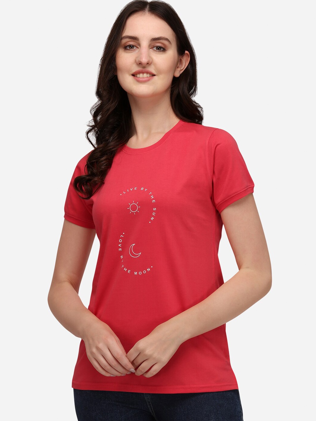 Lenissa Women Red Printed Pure Cotton Bio Finish T-shirt