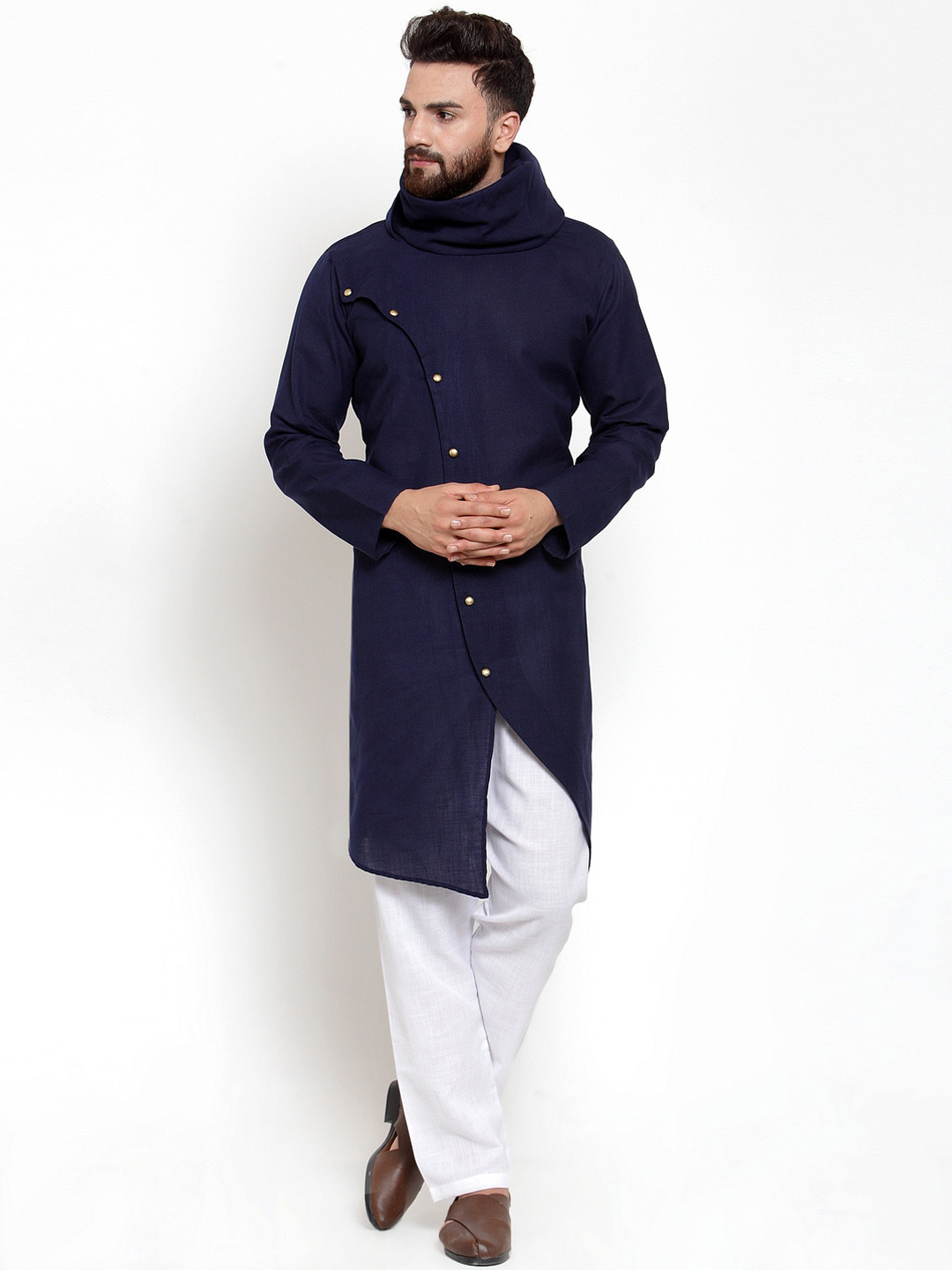 TREEMODA Men Navy Blue Angrakha Linen Kurta with Trousers 
TREEMODA Men Navy Blue Angrakha Linen Kurta with Trousers