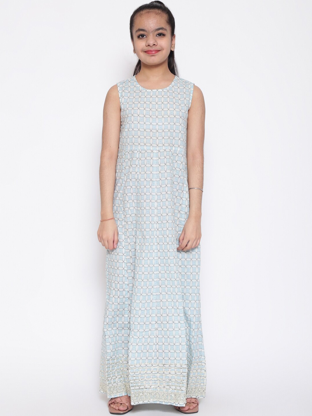 titliyan Blue Floral Layered Ethnic Cotton Maxi Dress