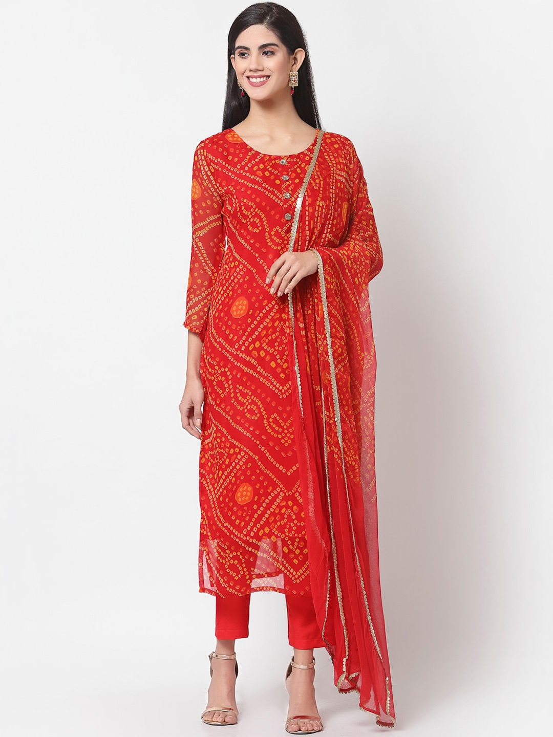 Myshka Women Red Bandhani Printed Georgette Kurta with Palazzos & With Dupatta
Myshka Women Red Bandhani Printed Georgette Kurta with Palazzos & With Dupatta