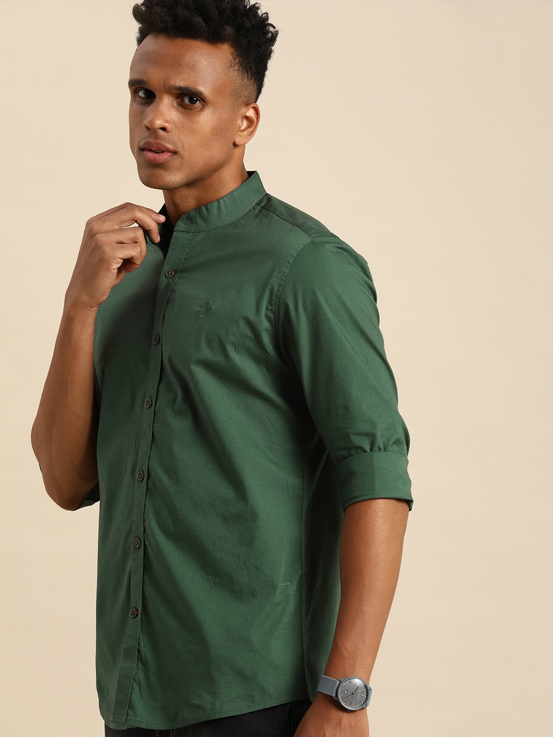 Being Human Men Green Solid Mandarin-Collar Super Slim Fit Casual Shirt
