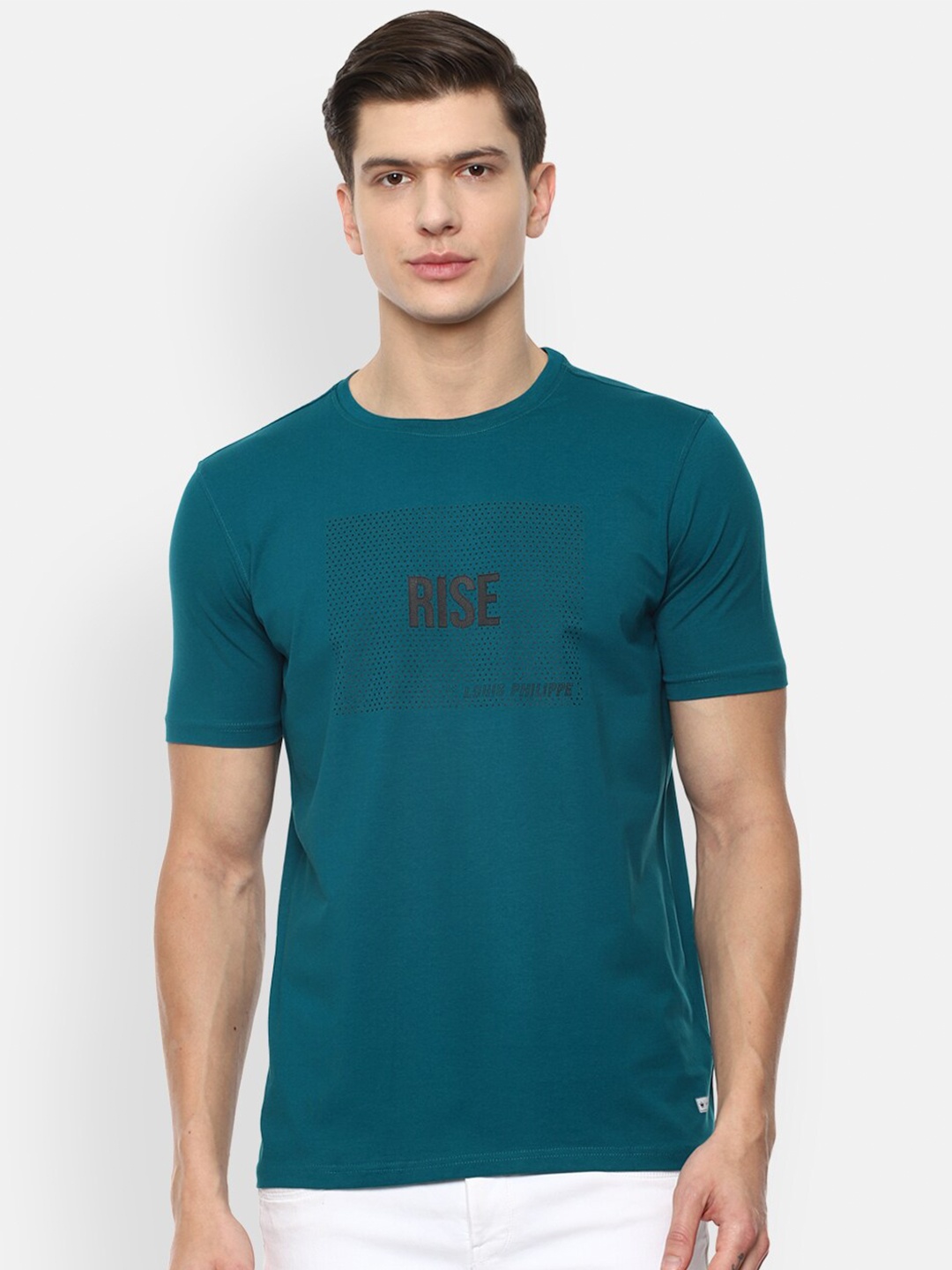 Louis Philippe ATHPLAY Men Teal Typography Slim Fit Pure Cotton T-shirt
