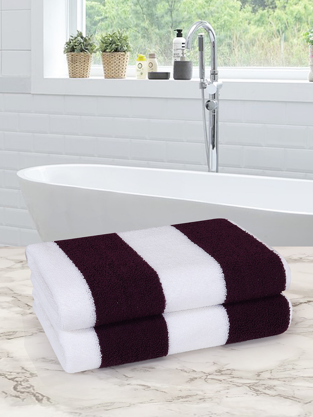 ROMEE Purple & White Set Of 2 Striped 500 GSM Bath Towels