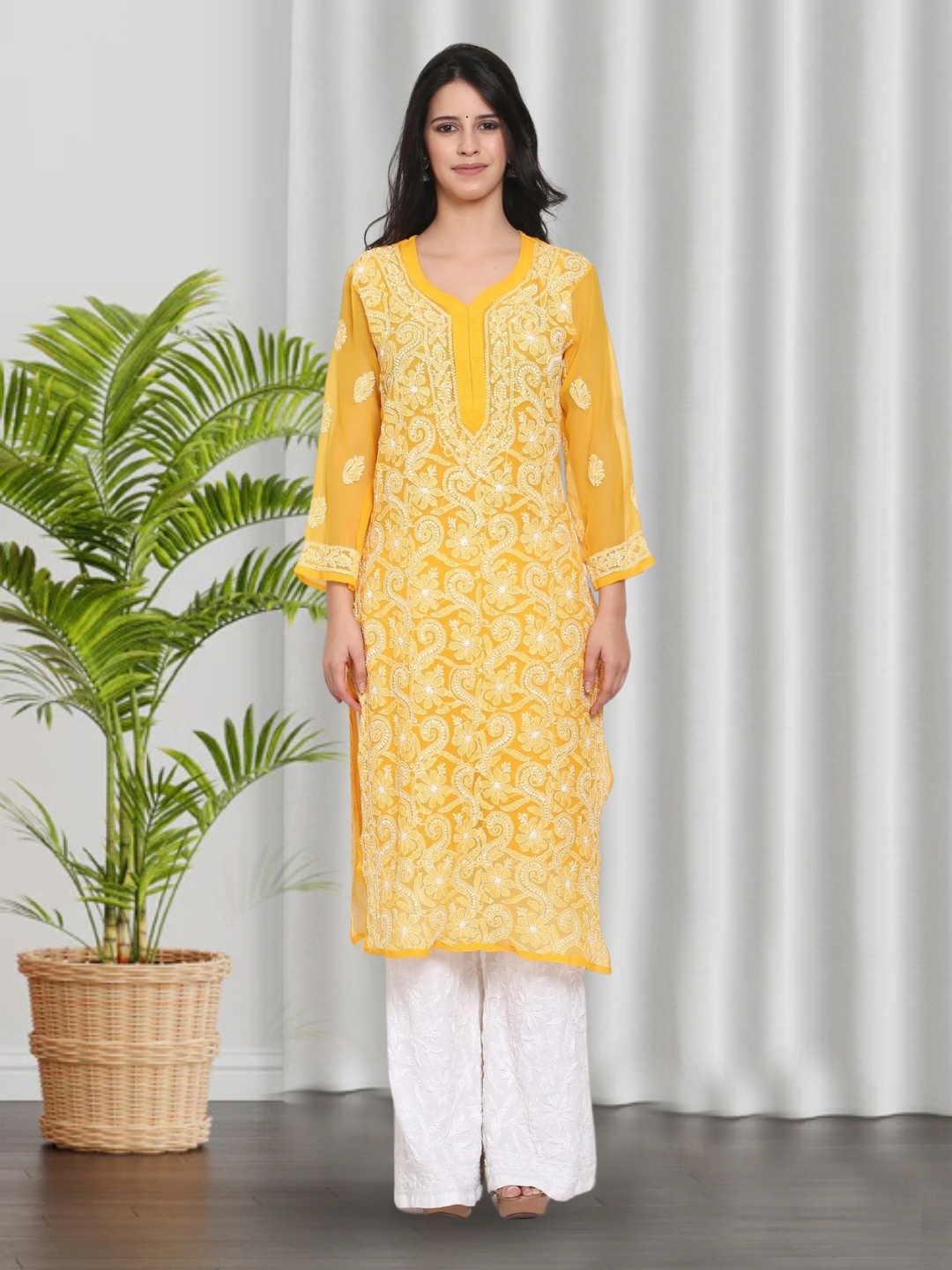 PARAMOUNT CHIKAN Women Mustard Yellow Floral Embroidered Chikankari Floral Georgette Kurta
PARAMOUNT CHIKAN Women Mustard Yellow Floral Embroidered Chikankari Floral Georgette Kurta