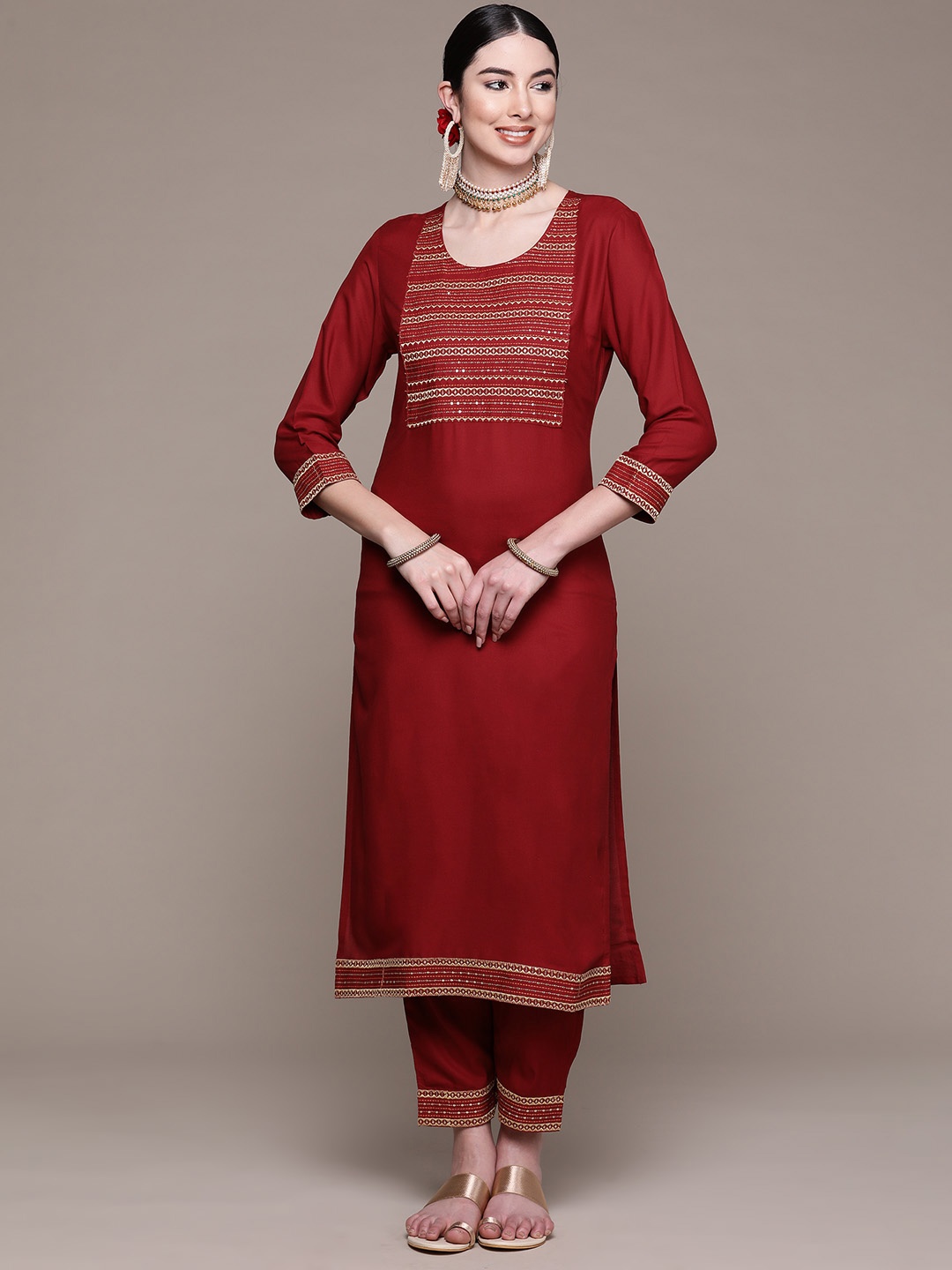 Anubhutee Women Maroon Yoke Design Thread Work Kurta with Palazzos