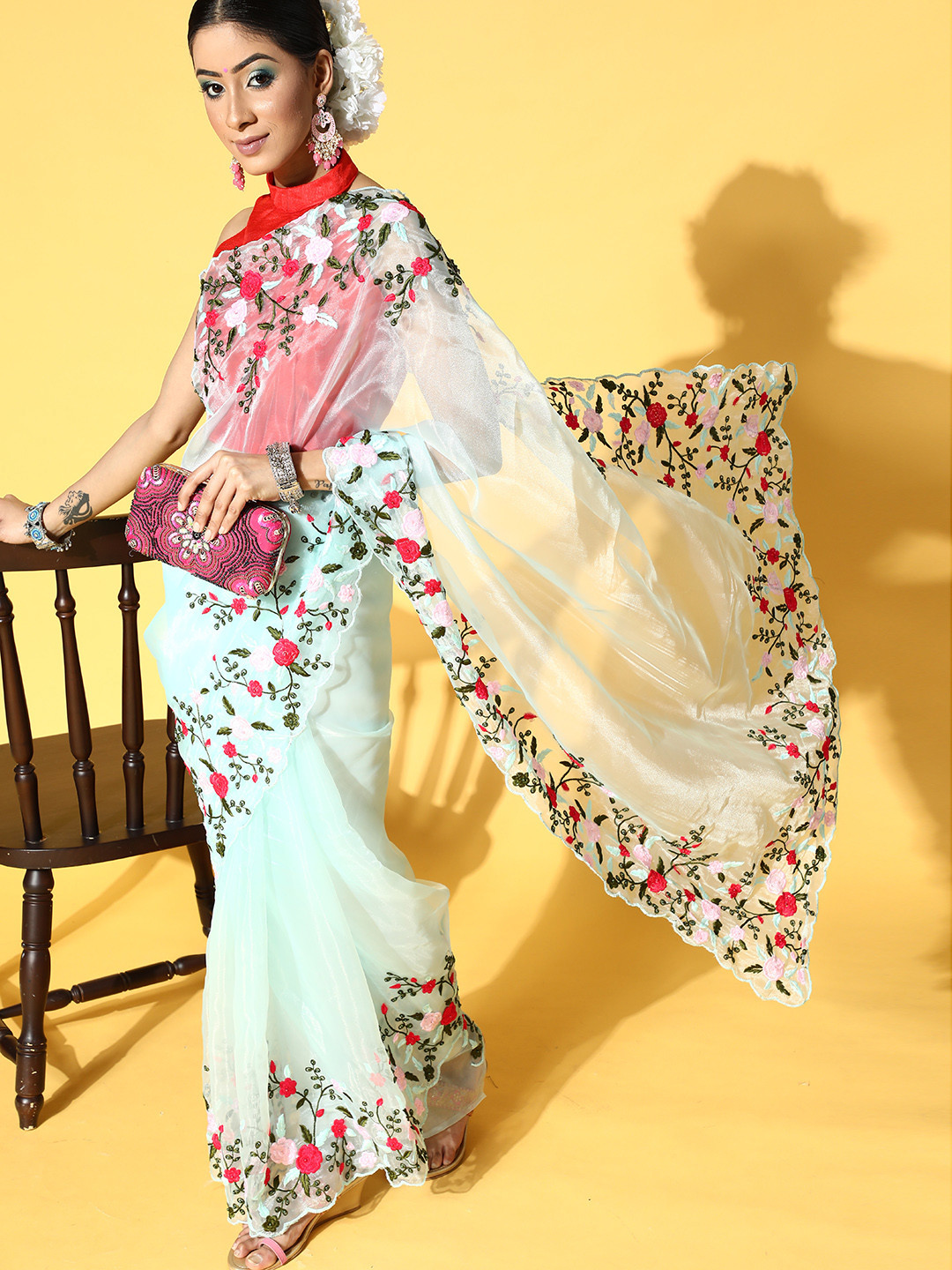 Mitera Floral Saree with Embroidered Border, Sea green 
Mitera Floral Saree with Embroidered Border, Sea green