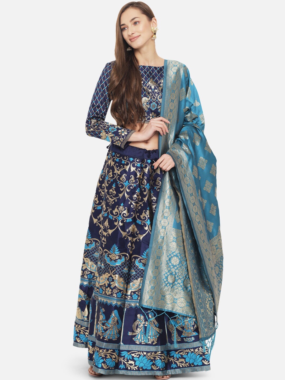 Mitera Turquoise Blue & Gold-Toned Ready to Wear Lehenga & Unstitched Blouse With Dupatta
Mitera Turquoise Blue & Gold-Toned Ready to Wear Lehenga & Unstitched Blouse With Dupatta