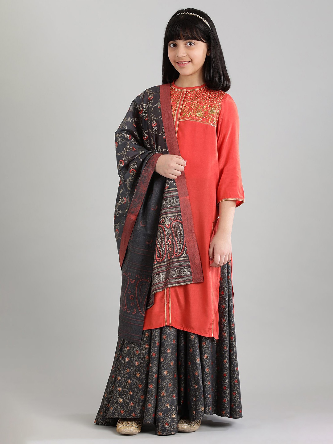 AURELIA Girls Orange Embroidered Lehenga & Blouse With Dupatta