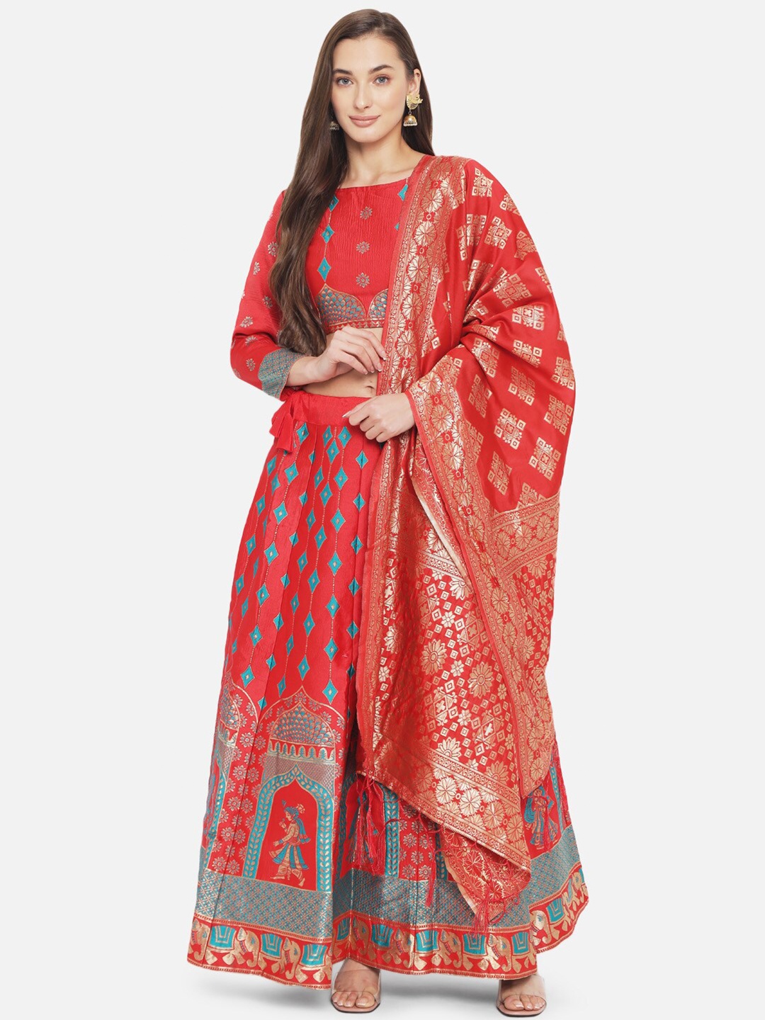 Mitera Red & Gold-Toned Embroidered Ready to Wear Lehenga & Unstitched Blouse With Dupatta
Mitera Red & Gold-Toned Embroidered Ready to Wear Lehenga & Unstitched Blouse With Dupatta