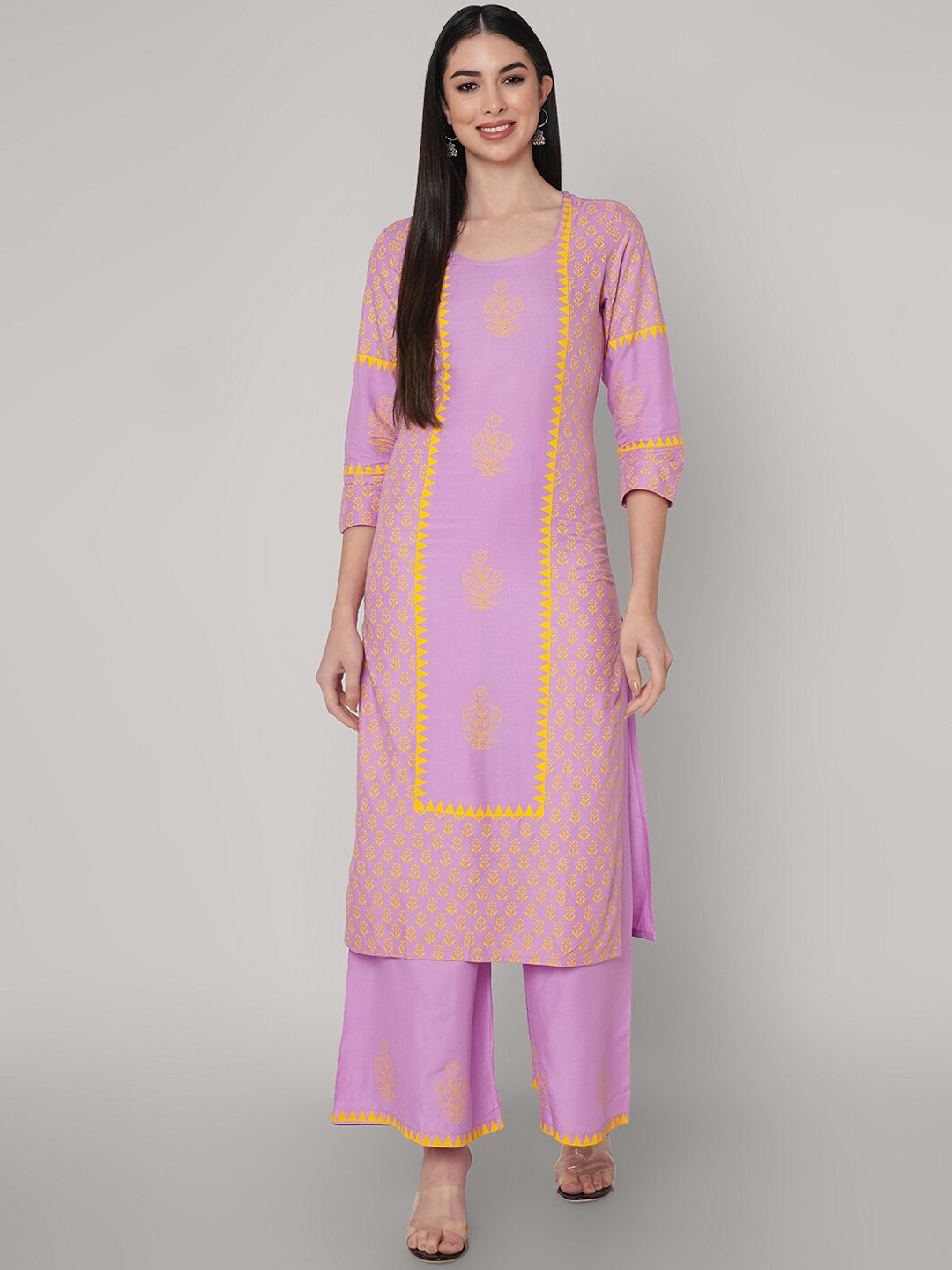 ORTANGE Women Lavender & Yellow Ethnic Motifs Screen Printed Kurta with Palazzos
ORTANGE Women Lavender & Yellow Ethnic Motifs Screen Printed Kurta with Palazzos