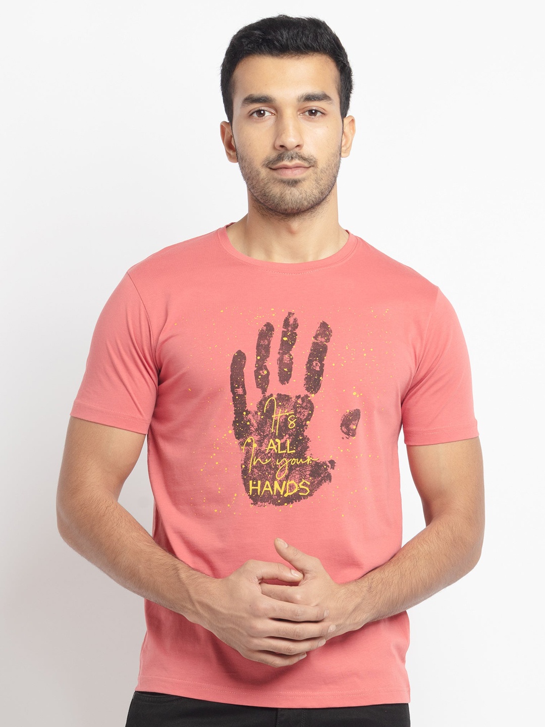 Status Quo Men Pink Graphic Printed Round Neck Cotton T-shirt