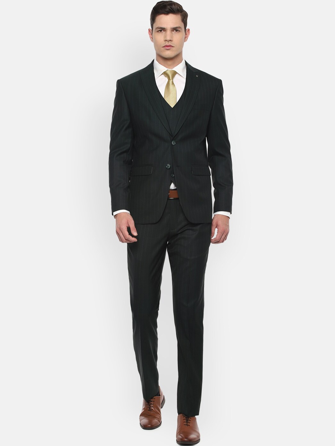 Louis Philippe Men Olive Green Striped Single-Breasted Slim-Fit 3-Piece Formal Suit
Louis Philippe Men Olive Green Striped Single-Breasted Slim-Fit 3-Piece Formal Suit