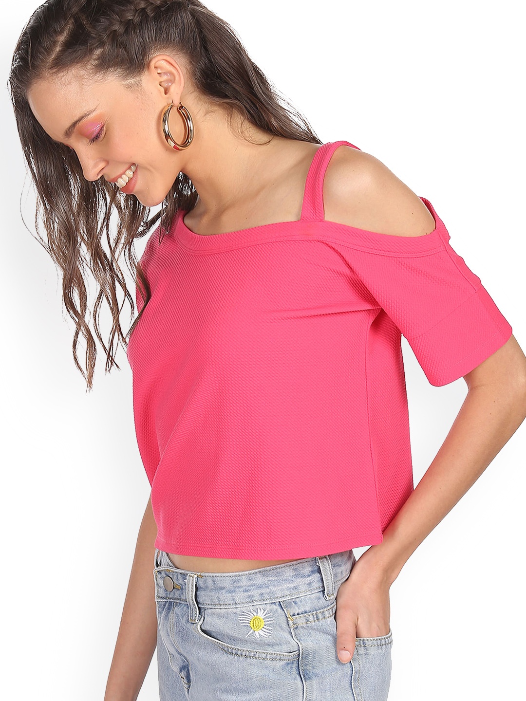 Sugr Women Pink Solid Off Shoulder Flared Top