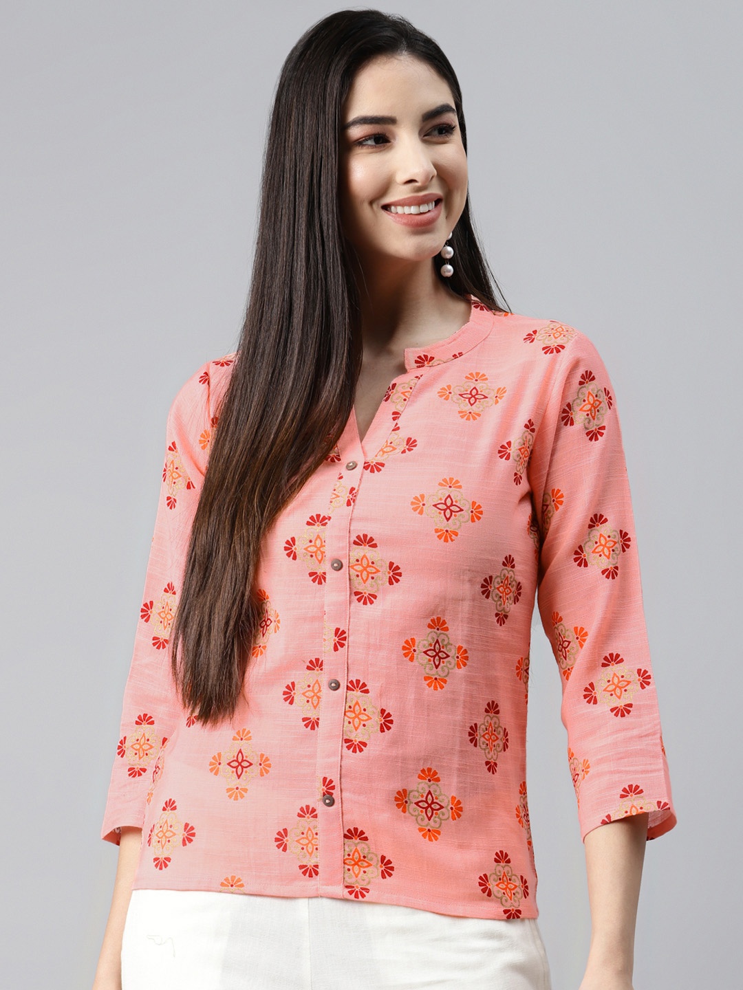 MALHAAR Peach-Coloured Ethnic Motifs Printed Cotton Slub Kurti
