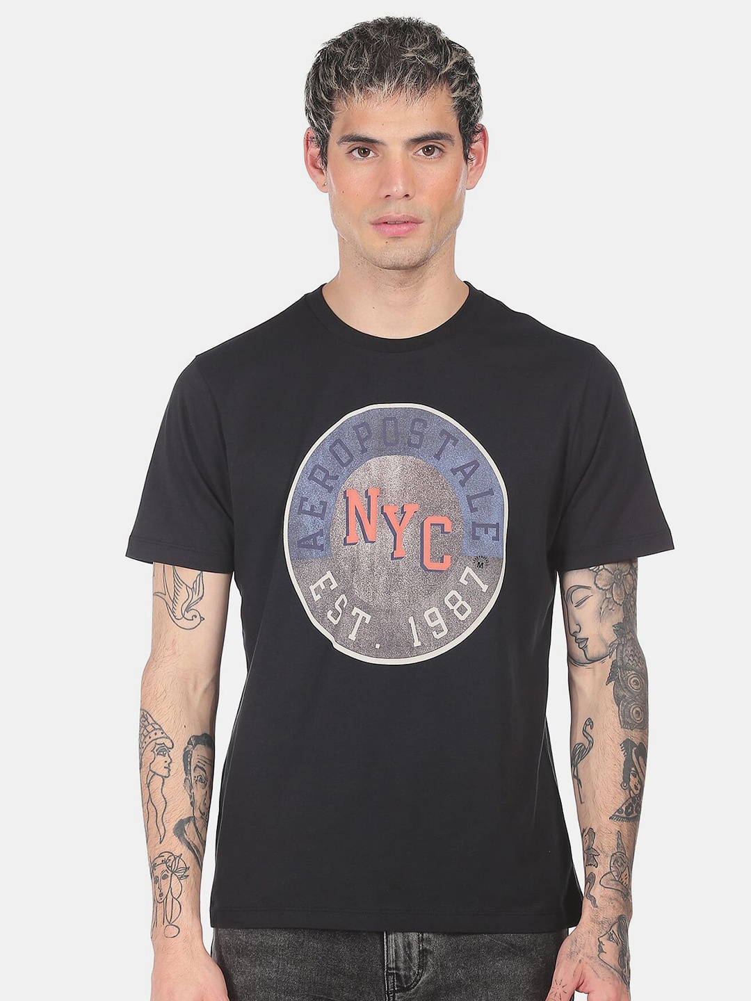 Aeropostale Men Black Typography Printed Regular Fit Cotton T-shirt