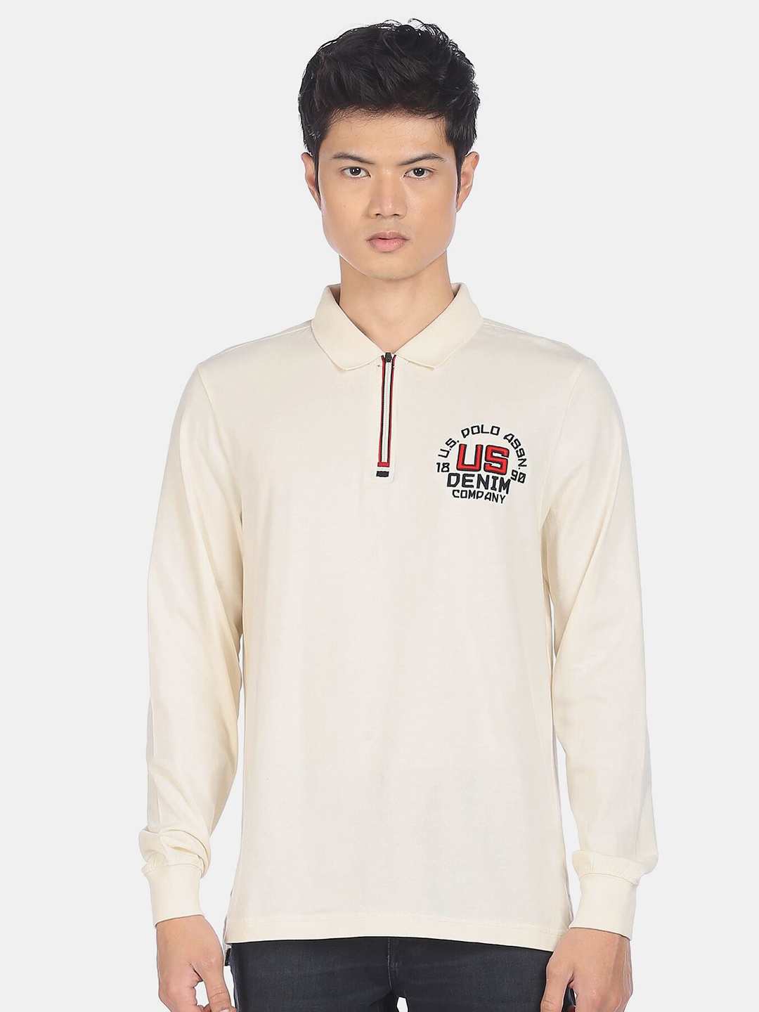 U.S. Polo Assn. Denim Co. Men Off White Brand Logo Printed Polo Collar Cotton T-shirt
U.S. Polo Assn. Denim Co. Men Off White Brand Logo Printed Polo Collar Cotton T-shirt