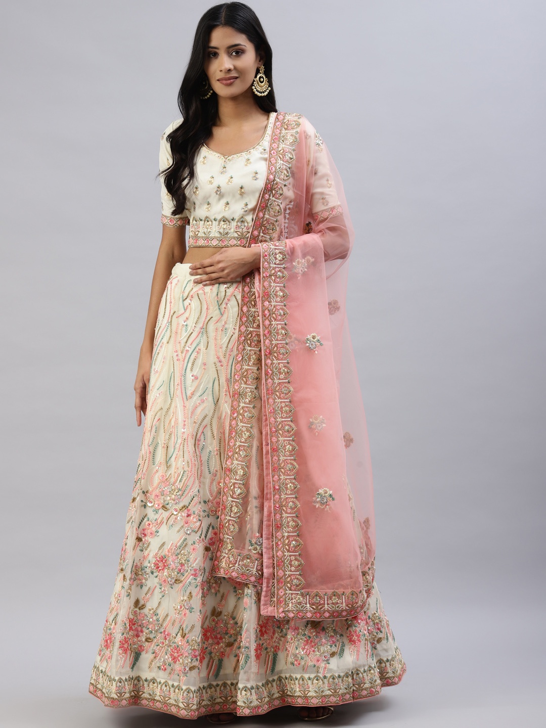 Readiprint Fashions Women Cream-Coloured & Pink Embroidered Lehenga & Choli Wit Dupatta
Readiprint Fashions Women Cream-Coloured & Pink Embroidered Lehenga & Choli Wit Dupatta