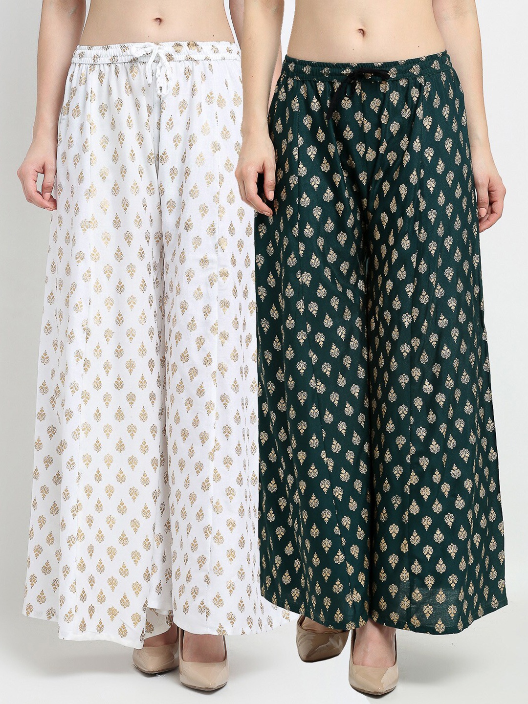 Jinfo Women White & Green Set Of 2 Ethnic Motifs Printed Flared Knitted Ethnic Palazzos
Jinfo Women White & Green Set Of 2 Ethnic Motifs Printed Flared Knitted Ethnic Palazzos