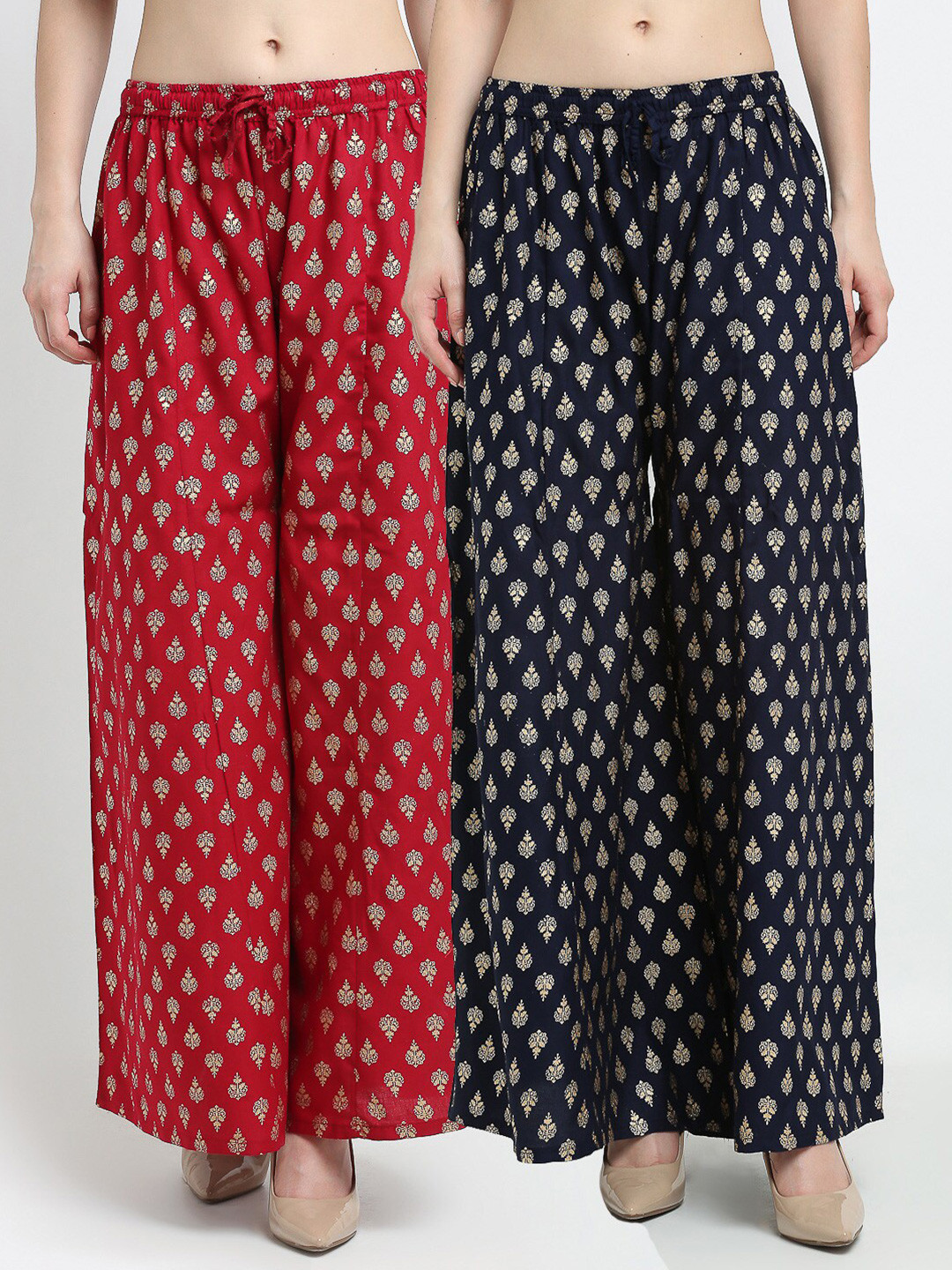 Jinfo Women Pack of 2 Maroon & Navy Blue Ethnic Motifs Printed Flared Ethnic Palazzos
Jinfo Women Pack of 2 Maroon & Navy Blue Ethnic Motifs Printed Flared Ethnic Palazzos