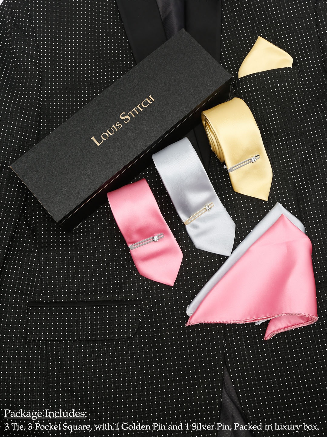 LOUIS STITCH Men Set of 3 Italian Silk Necktie Combo With Pocket Square & 2 Tie Pins, Pink
LOUIS STITCH Men Set of 3 Italian Silk Necktie Combo With Pocket Square & 2 Tie Pins, Pink